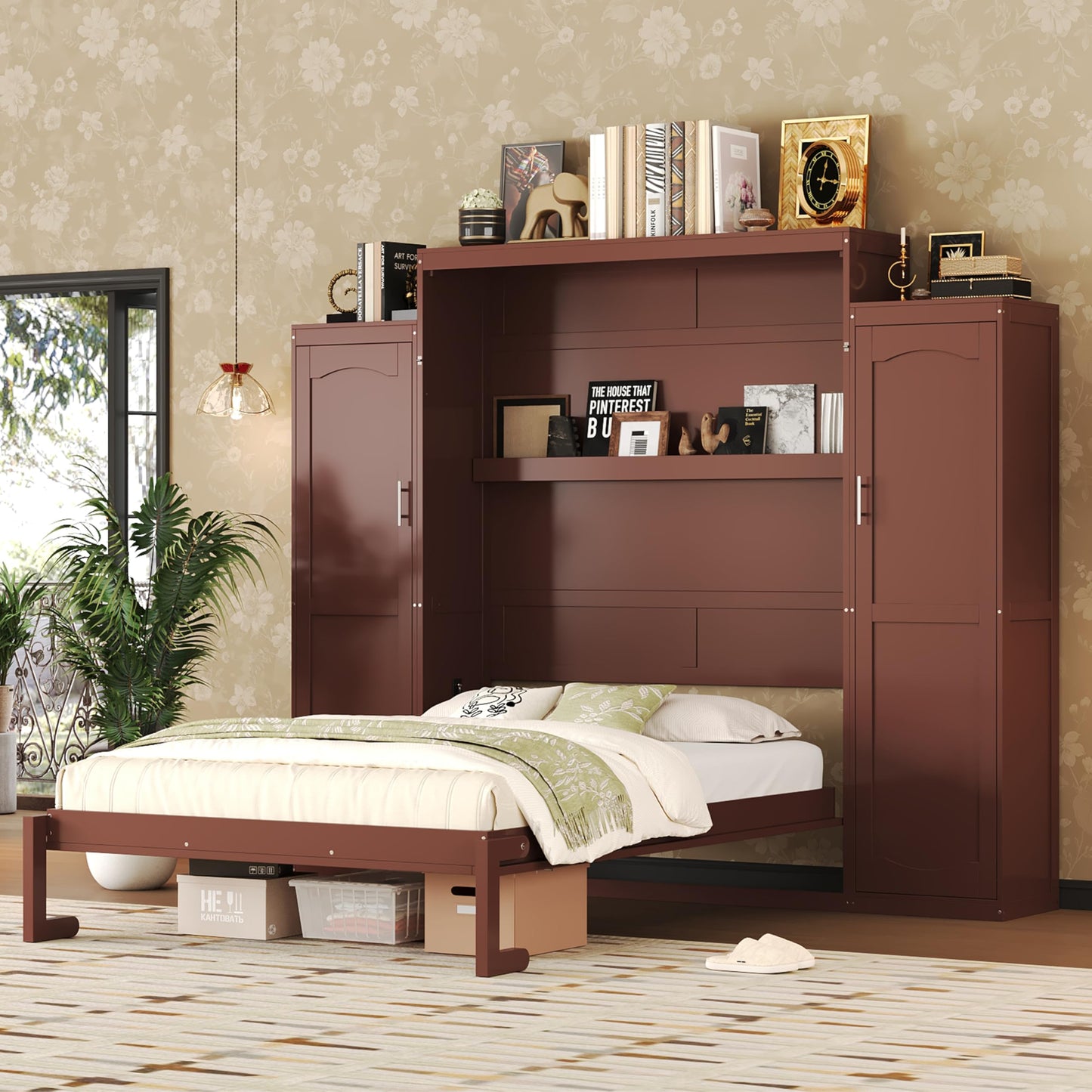 Merax Queen Size Wood Murphy Bed, with 2 Wardrobe and Storage Shelf, Multifunctional Foldable Wall Platform Bedframe for Guest-Room, Bedroom, Walnut
