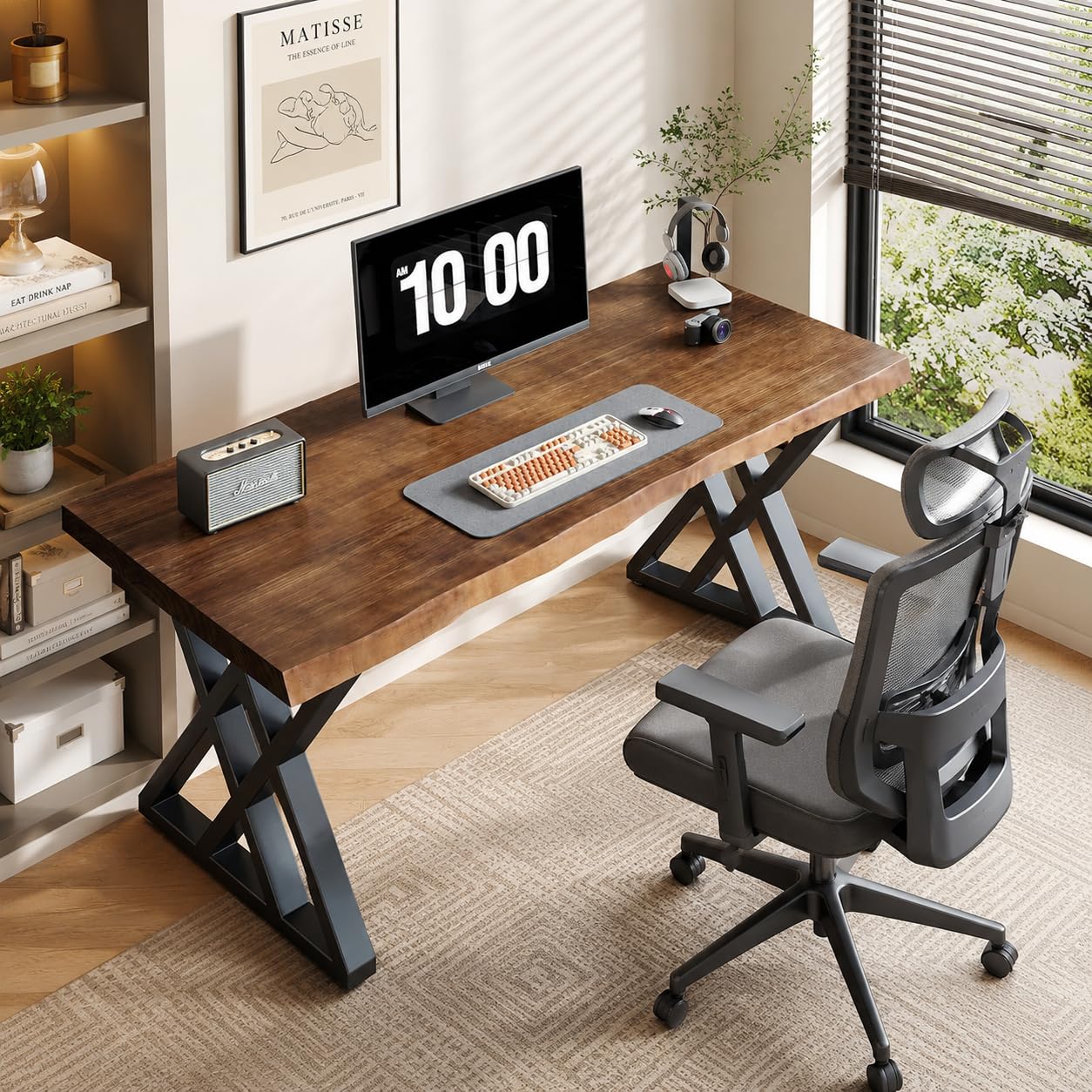 QZYJKJ Solid Wood Computer Desk Study Office Desk 55" Writing Desk, Modern Simple Style PC Table, Black Metal Frame, Solid Wood Planks 55" D x 27" W x 29" H for Home Office Bedroom,Rustic Brown