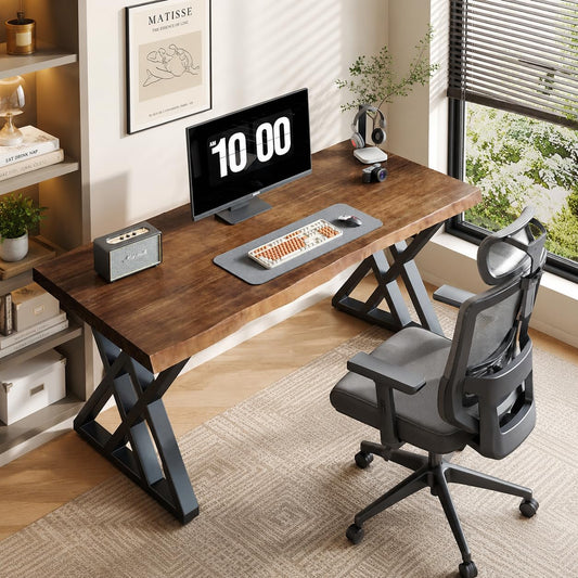 QZYJKJ Solid Wood Computer Desk Study Office Desk 55" Writing Desk, Modern Simple Style PC Table, Black Metal Frame, Solid Wood Planks 55" D x 27" W x 29" H for Home Office Bedroom,Rustic Brown