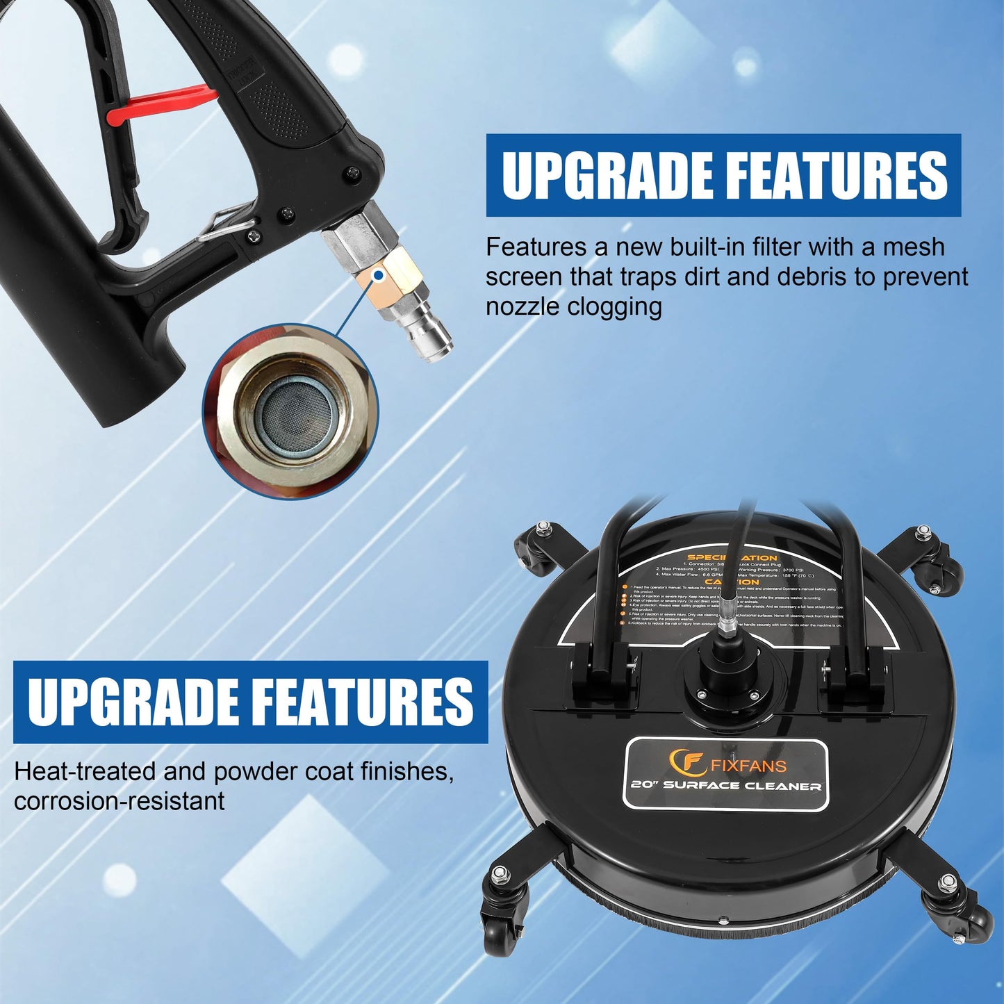 FIXFANS 20" Pressure Washer Surface Cleaner with 4 Wheels & Dual Handle, Power Washer Surface Cleaner Attachment Built in Filter, Pressure Washer Accessory for Cleaning Driveways and Patios, 4500 PSI