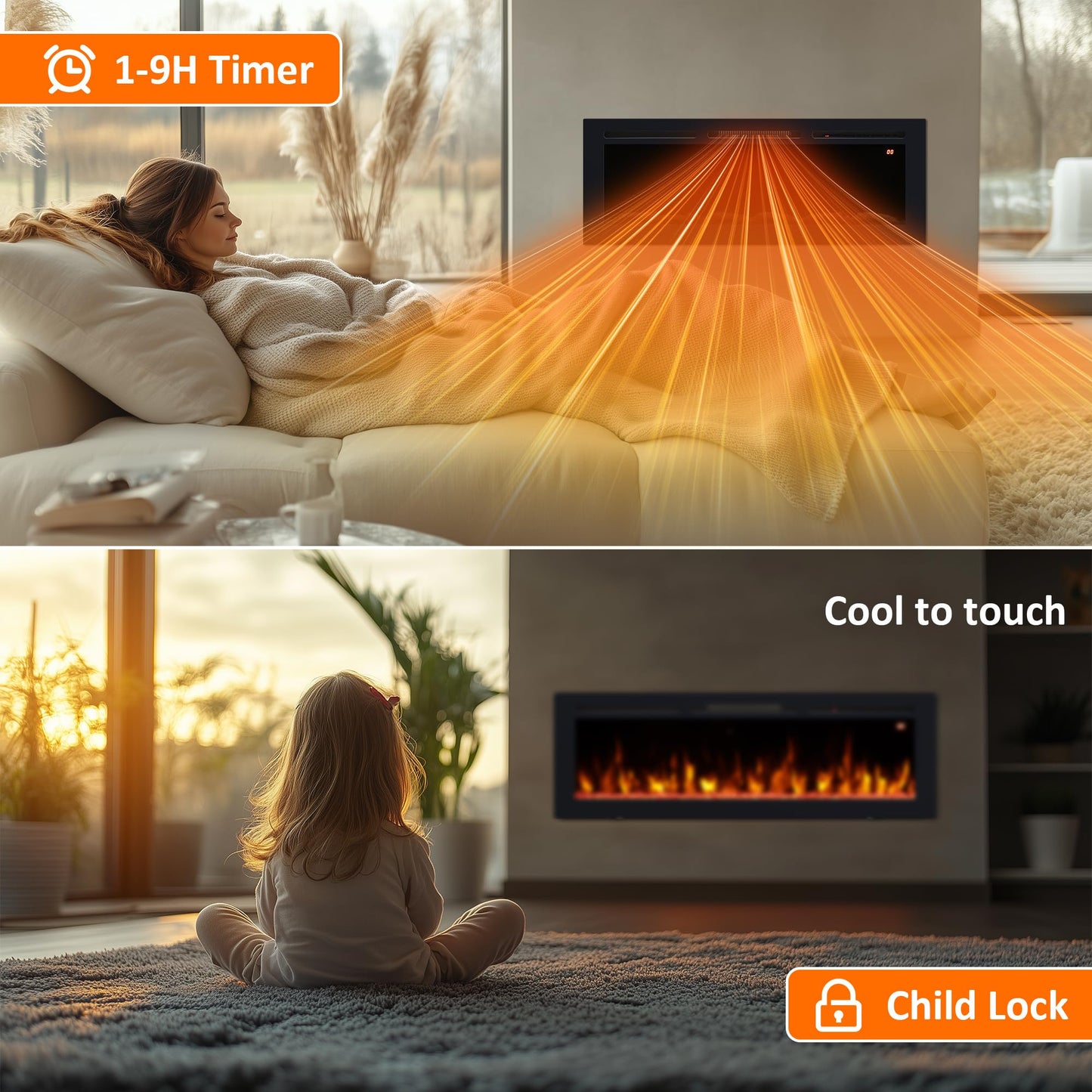 Kentsky 54" Electric Fireplace, Recessed, Wall Mounted and Freestanding Fireplace Heater, Adjustable Flame Color, Speed & Brightness, Thermostat, 9H Timer, Child Lock