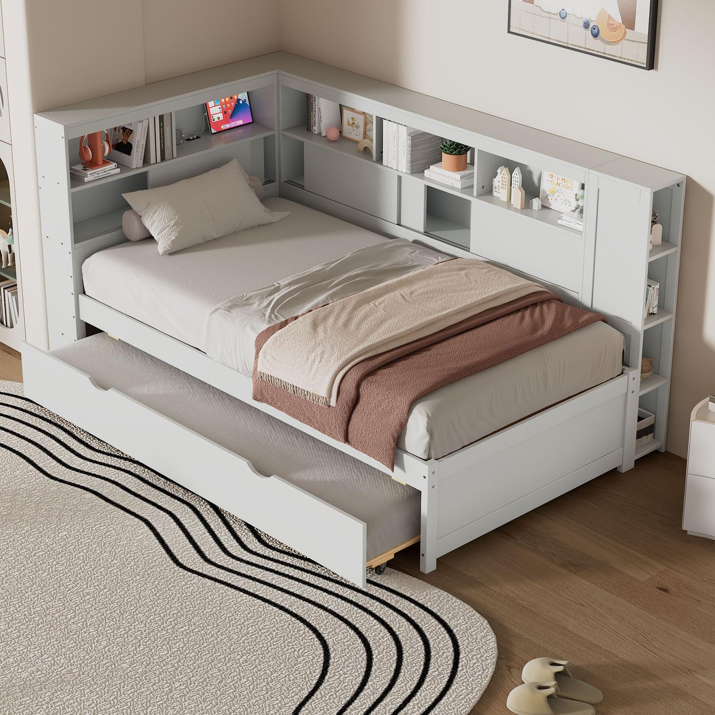 Merax Twin Size Modern Upholstered Platform Bed with USB Ports & Trundle Bed, Floor Daybed with Wood Slat Support, Storage Bed Frame with Headboard/Twin, White