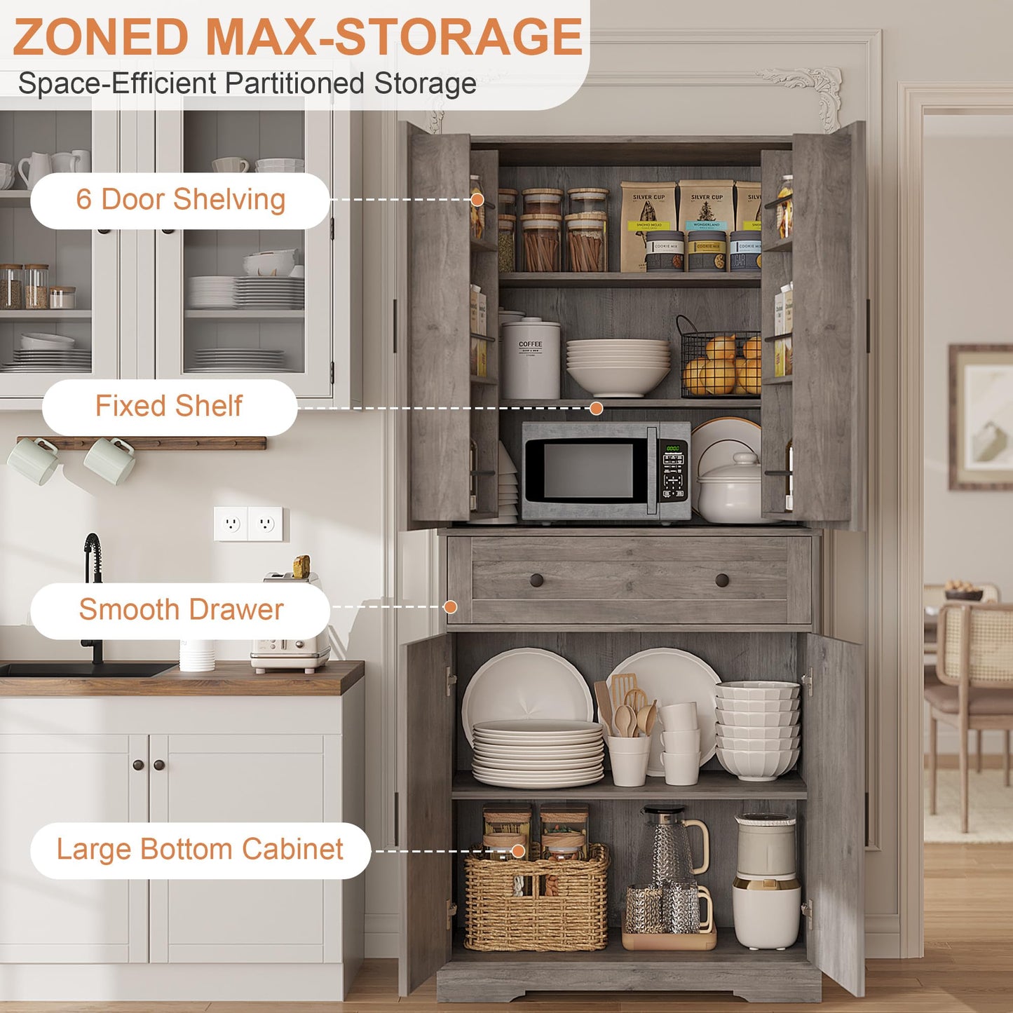 Garvee 71" Kitchen Pantry Cabinet, Barn Door Freestanding Cupboard with Drawer, Sliding Storage Rack, and 6 Hanging Shelves for Kitchen, Dining Room, Living Room Bedroom