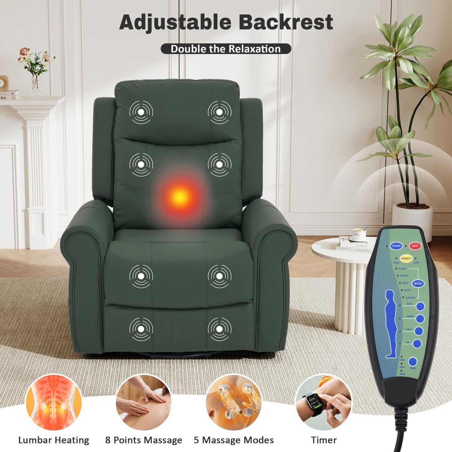 Merax 270°Swivel Rocker Recliner Chair, PU Leather Manual Recliner with Massage and Heating, Dual Reclining Positions and Side Pocket and for Living Room, Bedroom, or Nursery, Green