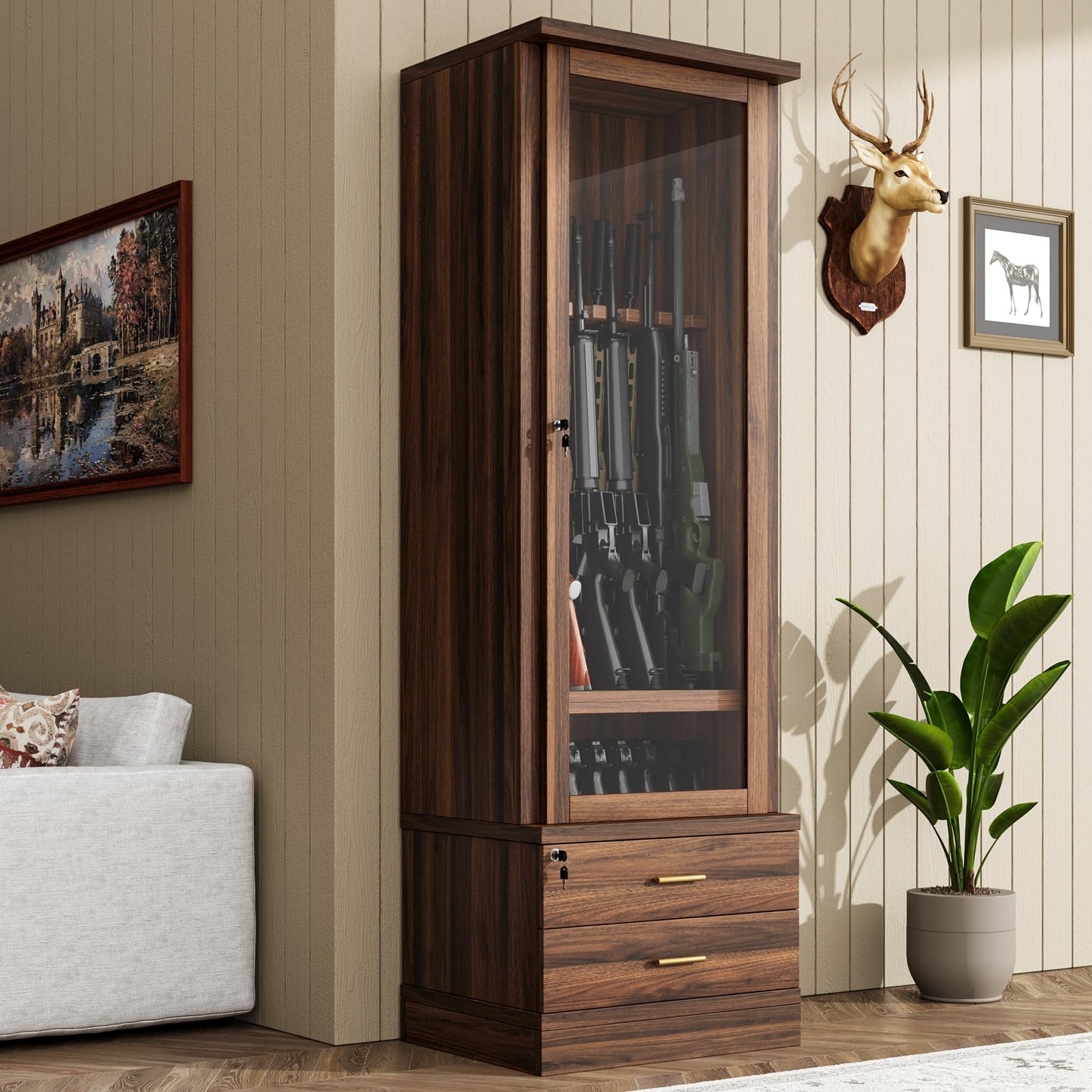 kepptory Gun Safe for 12 Long Rifles and 8 Shortgun, Gun Cabinet for Rifle with Mechanical Lock, Espresso Wood Gun Cabinet for Dinning Living Room, Easy Assembly