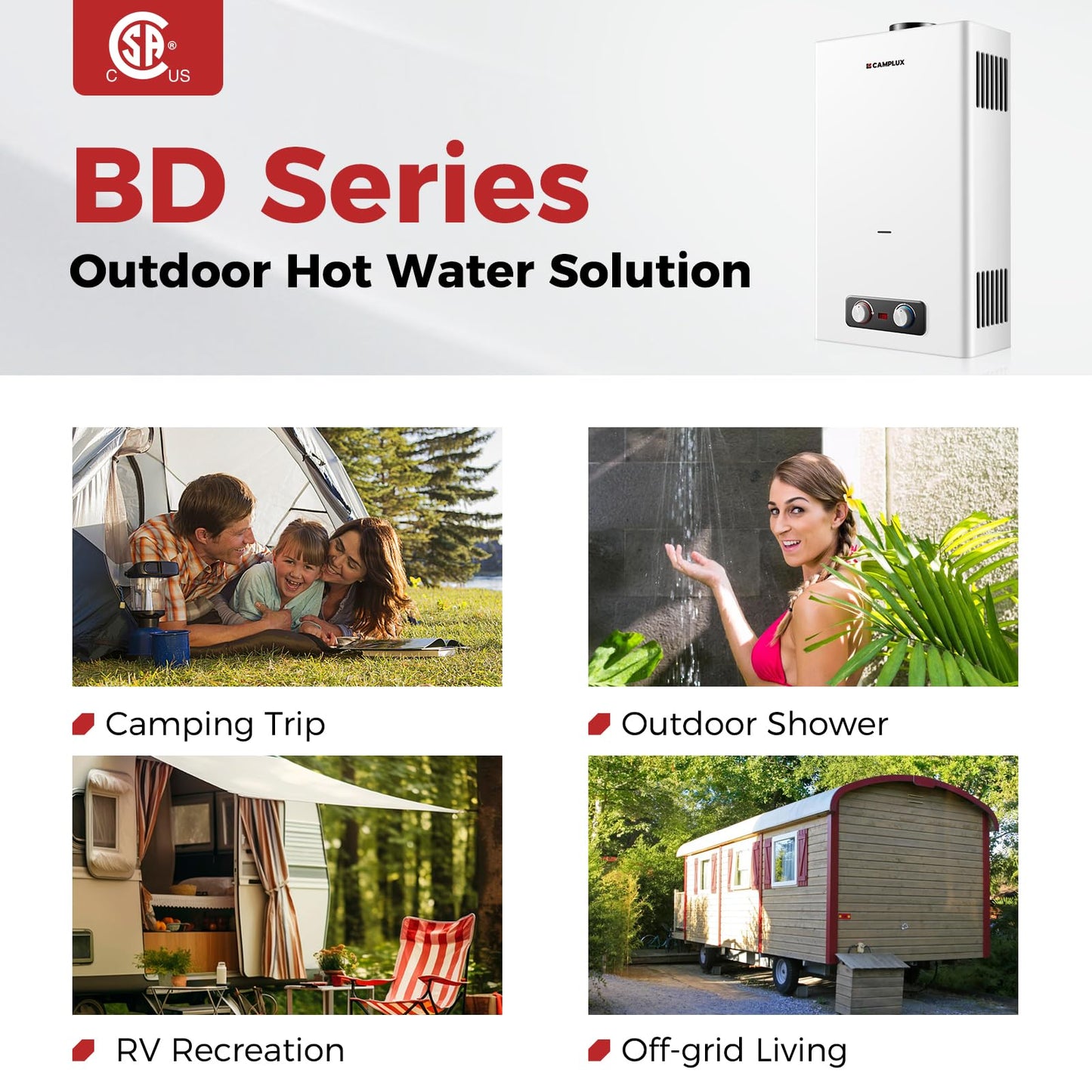 CAMPLUX 4.22 GPM Tankless Water Heater Propane, Propane Water Heater Outdoor, for Camping, Off Grid, Cabins, 110,000 BTU, BD422