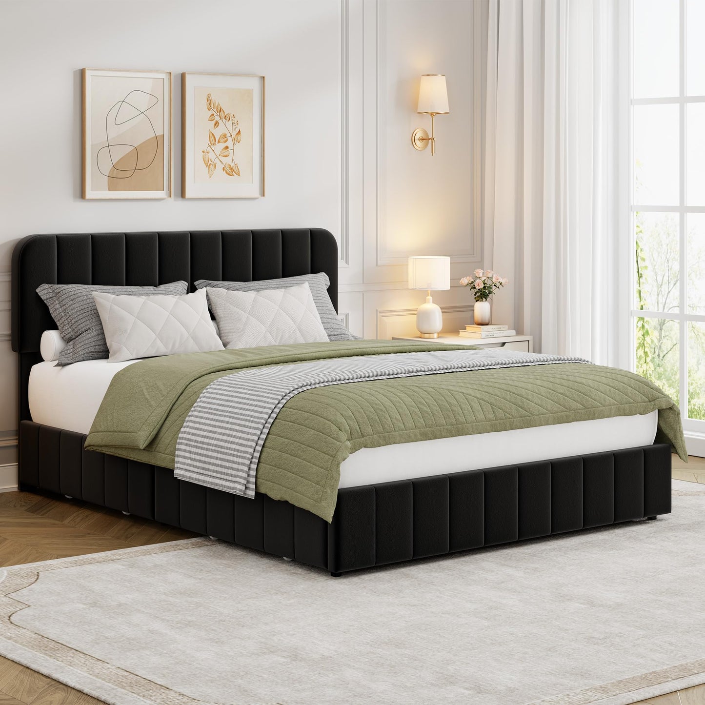 GAOMON Queen Bed Frame with Storage Drawers - Velvet Upholstered Platform Bed Frame with Adjustable Headboard, Wood Slats Support, No Box Spring Needed, Easy Assembly, Black
