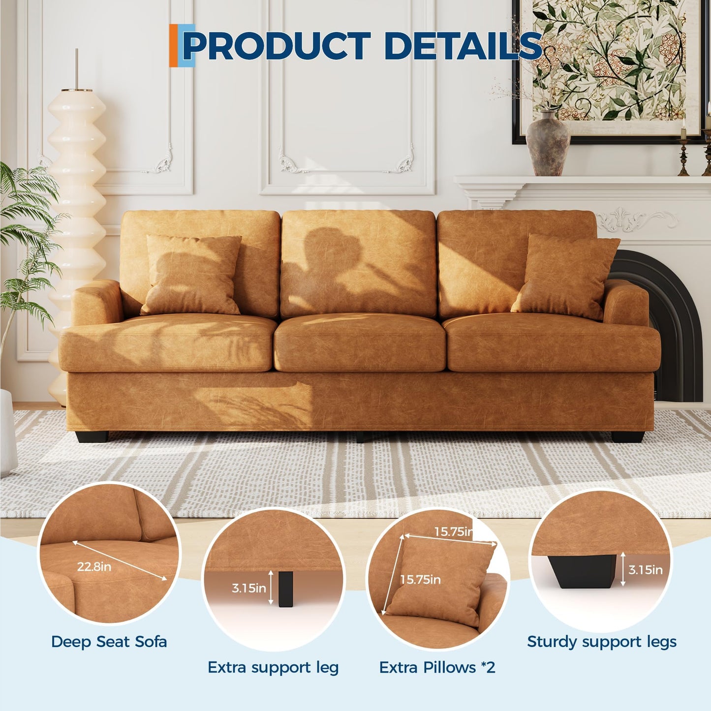Garvee 86" Faux Leather Sofa, Modern Deep Seat Couch with 2 Throw Pillows, Upholstered Cushion & Removable Cover, Comfy Leather Couch for Small Space, Apartment, Living Room Lounge, Brown