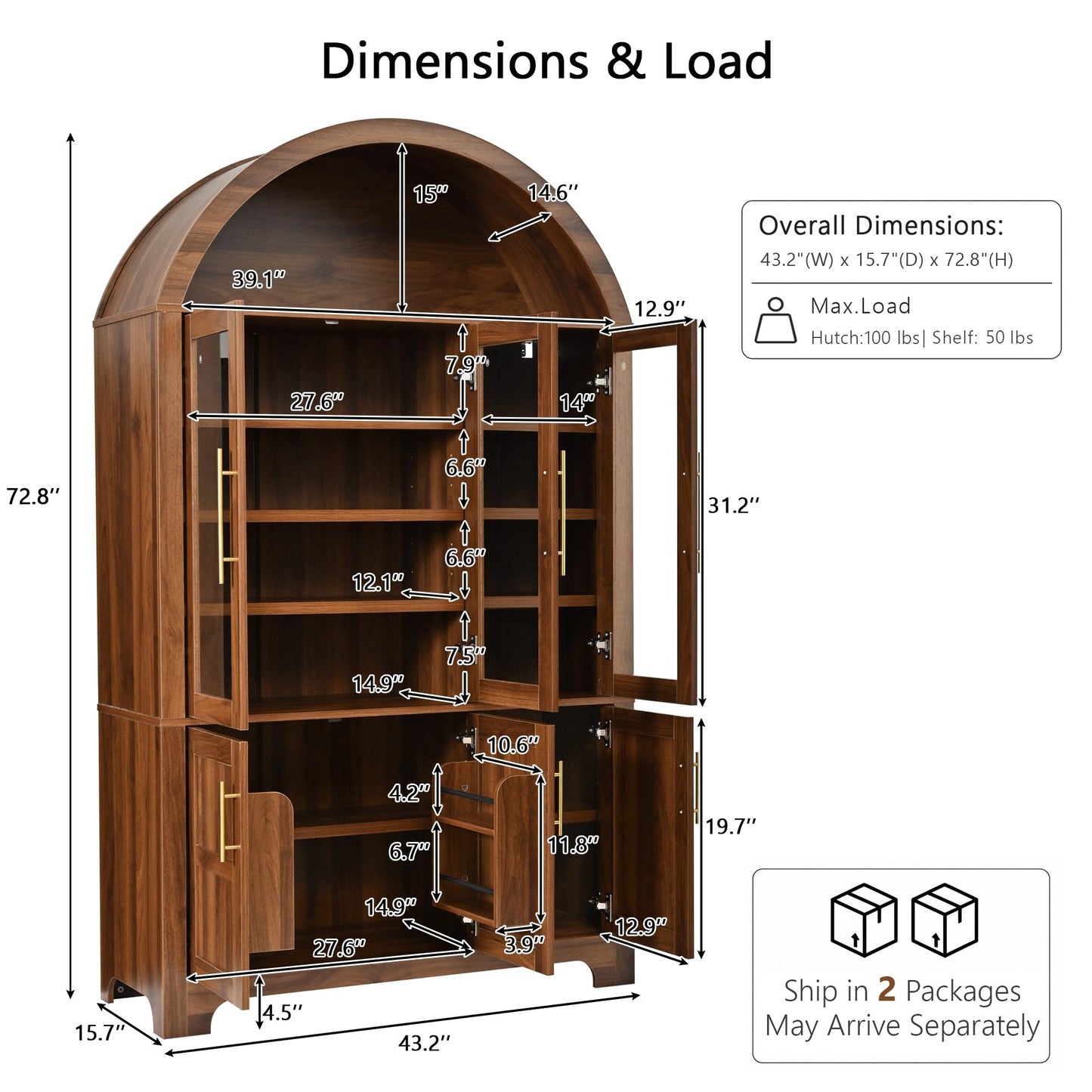 Merax 73" Tall Arched Kitchen Pantry Cabinet, Farmhouse Storage Cabinet with 3 Glass Doors, Adjustable Shelves & Door Racks, Tall Cupboard for Dining Room, Bathroom