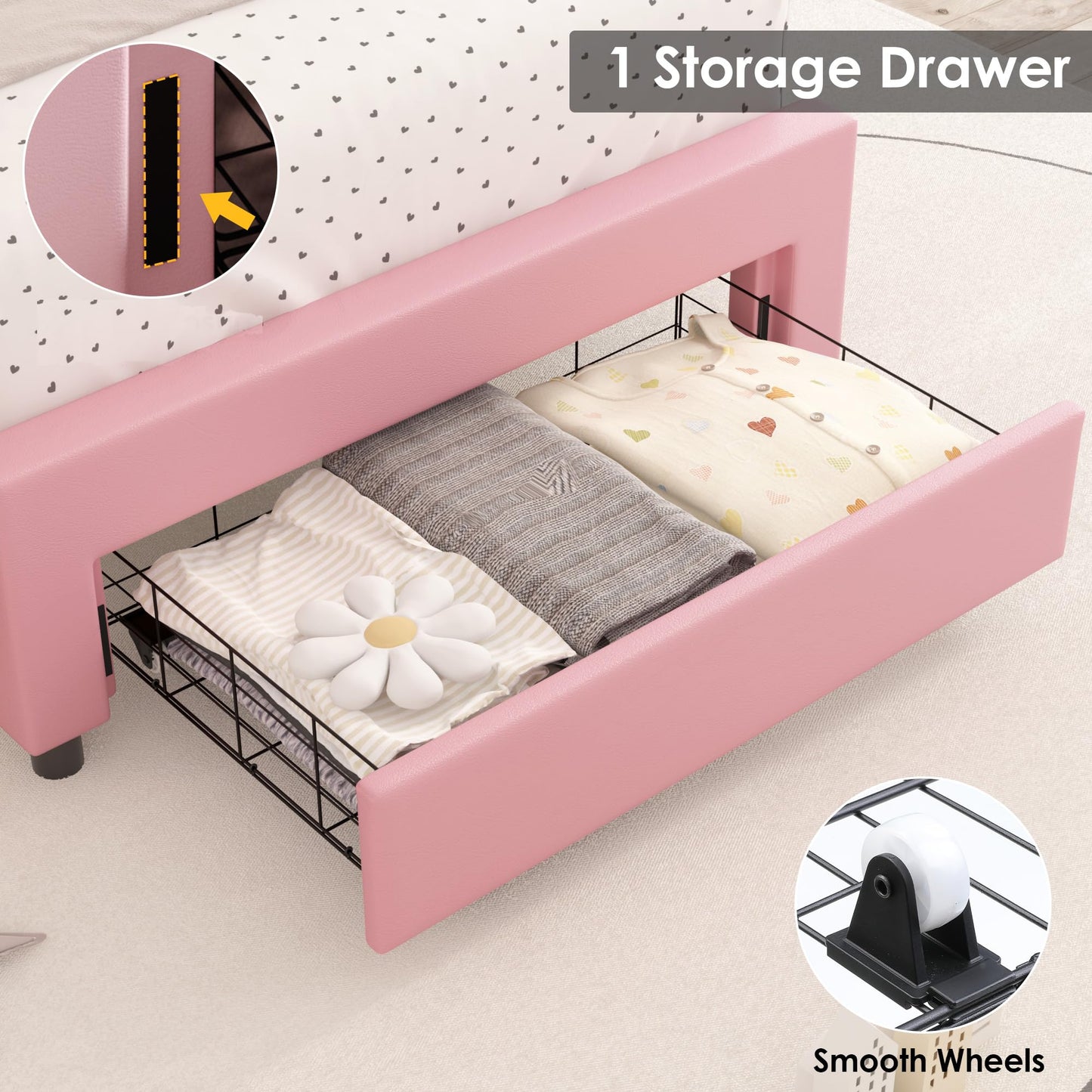 Keyluv Full Upholstered LED Bed Frame with Storage Drawer, Leather Princess Platform Bed with Adjustable Crystal Button Tufted Crown Headboard, Solid Wooden Slats Support, No Box Spring Needed, Pink