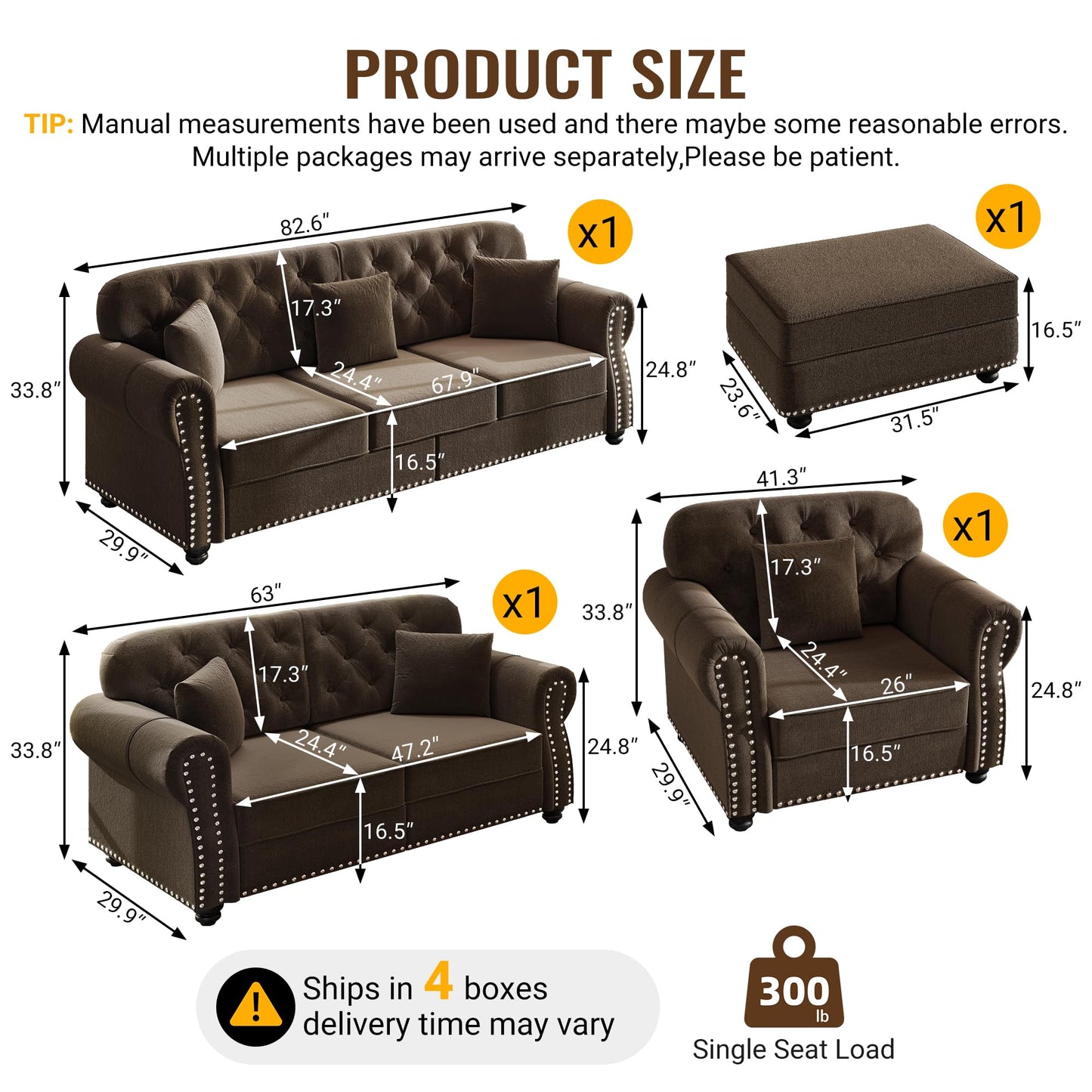 KEIKI 3-Piece Chesterfield Sofa Set with 1 Velvet 3-Seater Sofa & 1 Loveseat & 1 Single Sofa, 6-Seater Couch Set with Nailhead Trim & Rolled Arms & 1 Ottoman & 6 Pillow, for Living Room, Brown