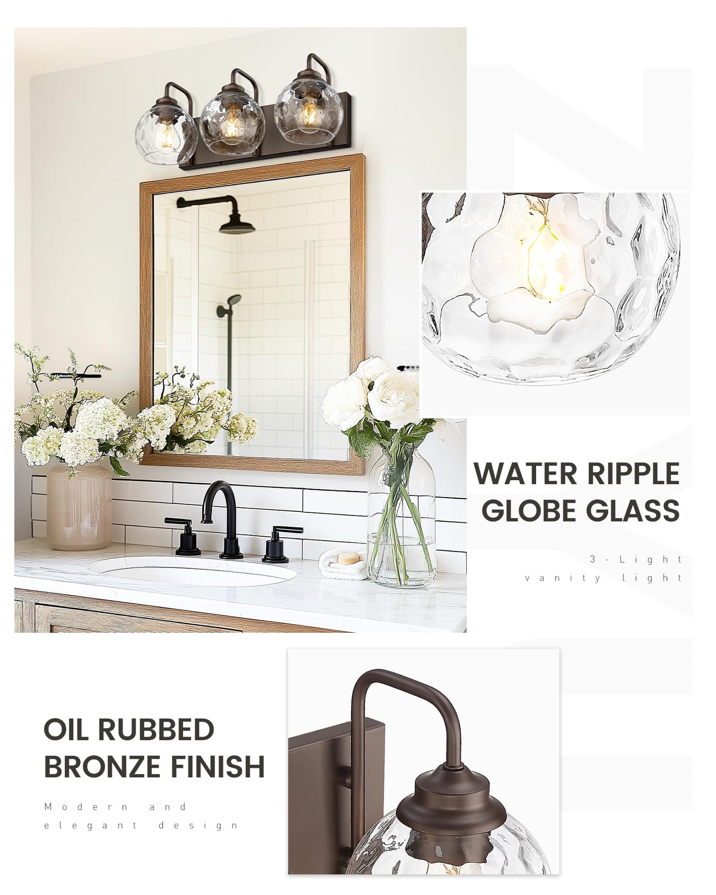 zeyu 3-Light Bathroom Vanity Light Fixtures, Oil Rubbed Bronze, Water Ripple Globe Shade, Model ZSL72BG-3W ORB-WG