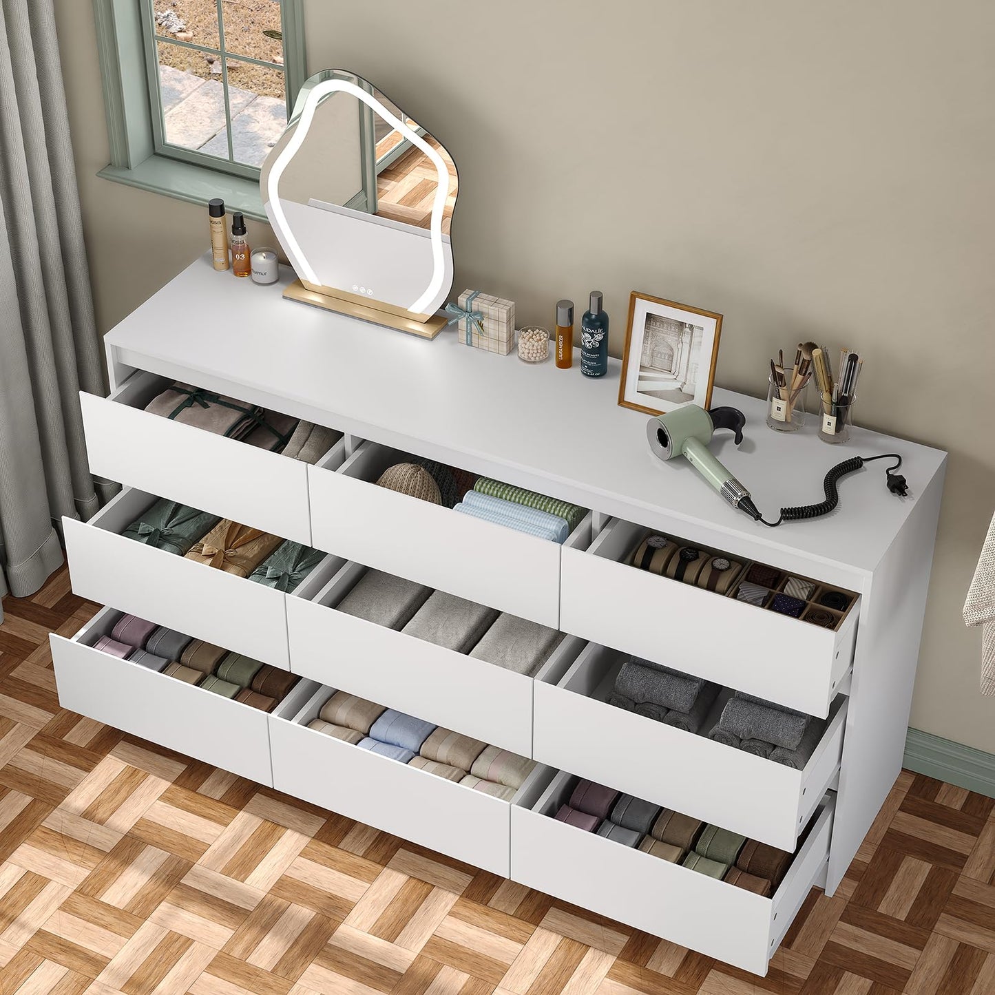 Furniouse Modern 9 Large Storage Drawers Dresser for Clothes Organizer, White Modern Chest of Drawers for Closet, 60" Long Drawer Organizer Cabinet for Bedroom,Living Room,Entryway,Hallway