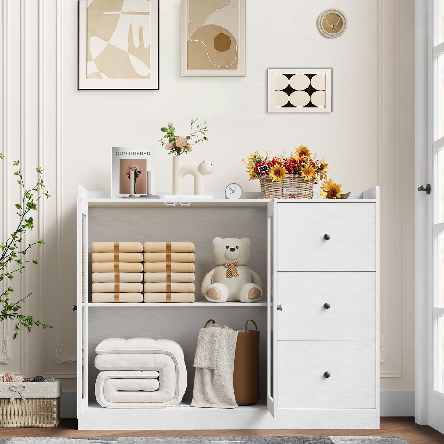 IDEALHOUSE Buffet Cabinet with Storage, 43" Modern Sideboard Kitchen Cabinet with Guardrail Design & Adjustable Shelves & 3 Drawers, Wood Buffet Table for Kitchen, Dining Room, White