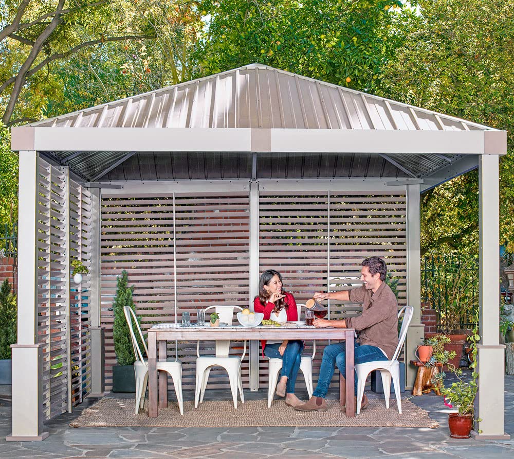 Sojag 12' x 12' Nanda Hardtop Gazebo Outdoor Weather-Resistant Aluminum Frame Shelter with Mosquito Net Champagne