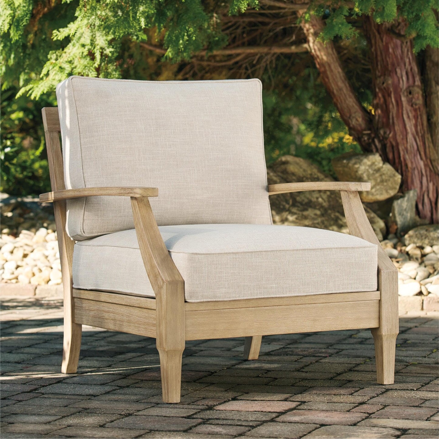Signature Design by Ashley Clare View Outdoor Lounge Chair, All-weather Foam Cushion, Protective Finish, Eucalyptus Wood , 30" W x 35" D x 32" H, Beige