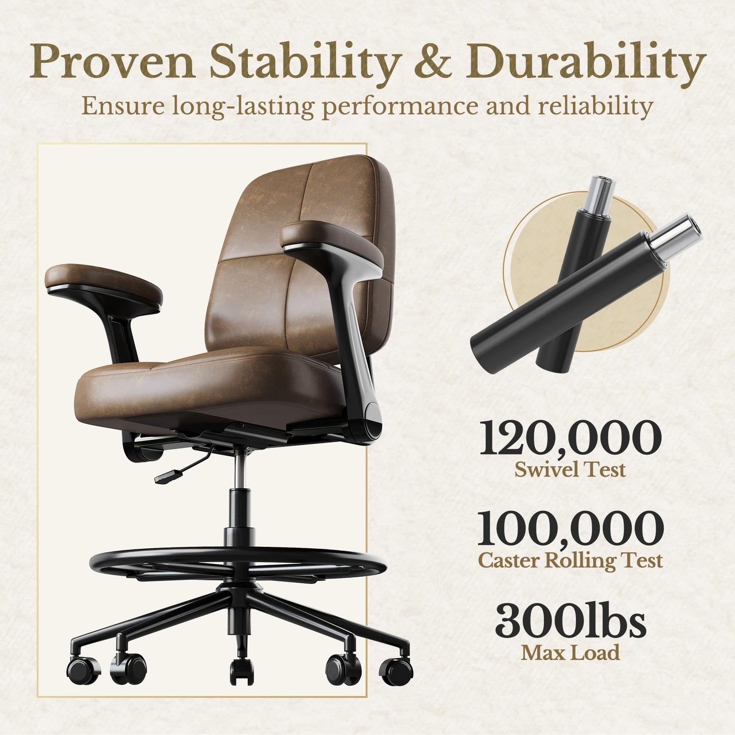 Perledesign Drafting Executive Chair, Tall Office Chair with Padded Flip-Up Armrests, Mid-Back Cushioned Seat, 360° Swivel Rolling Computer Desk Chair for Standing Desk & Home Office, Vintage Brown