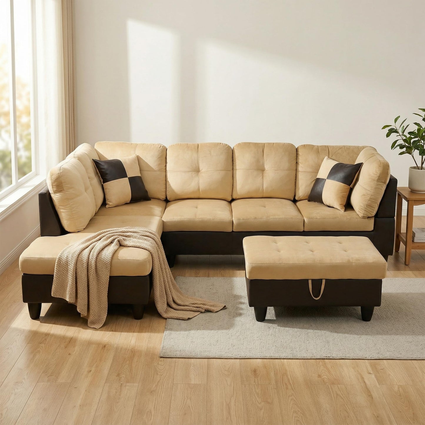 NicBex Sectional Couch 3 Pieces Sofa Set, L-Shaped Modular Couches for Living Room, Furniture Sets with Lounge Chaise & Storage Ottoman, Multi-Scene Use for Apartment & Office, Beige+Black