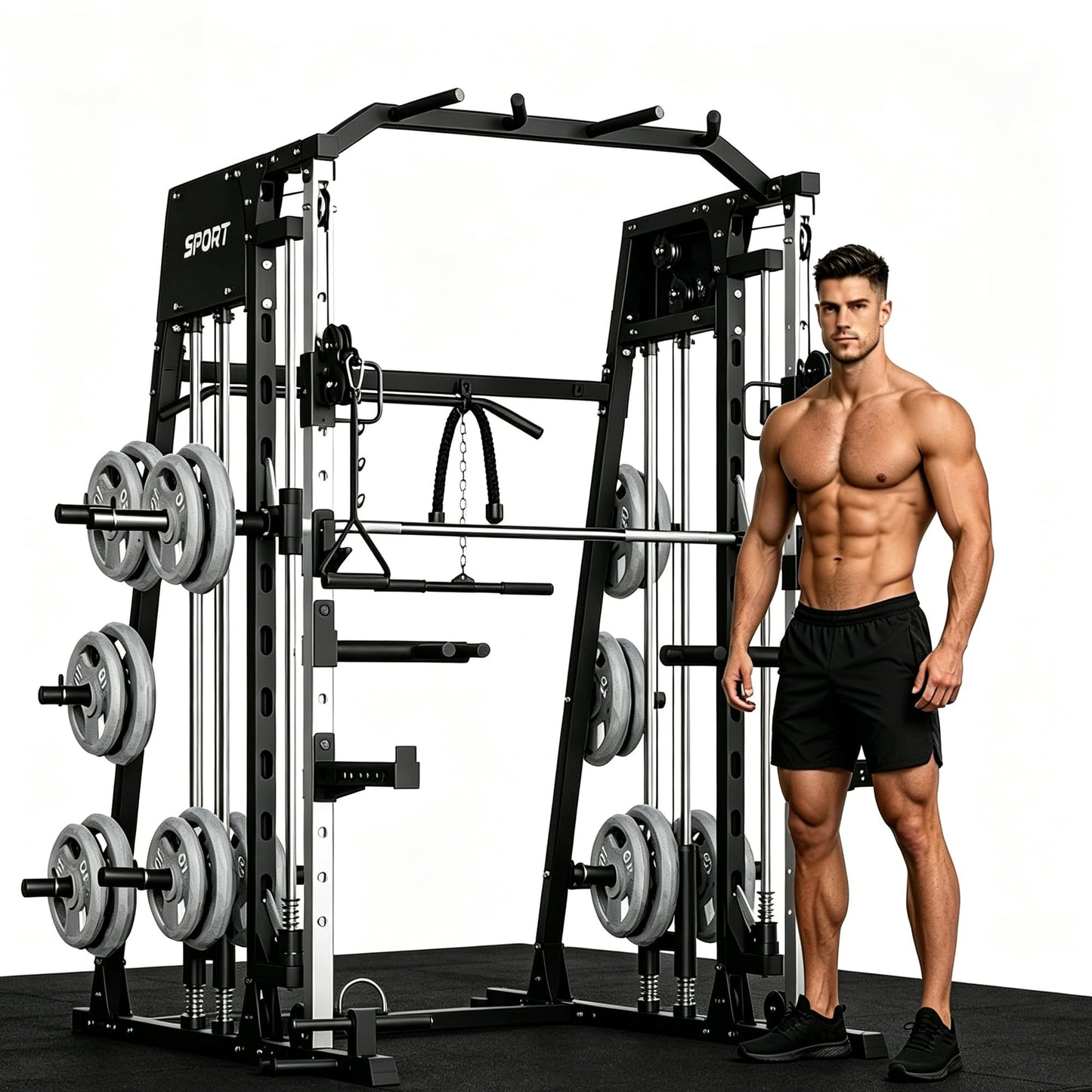 Smith Machine Home Gym All-in-1, 2200LBS Power Cage with Dual Cable Pulley Systems, LAT Pull-Down & Leg Hold-Down | Complete Strength Training Equipment for Full Body Workouts