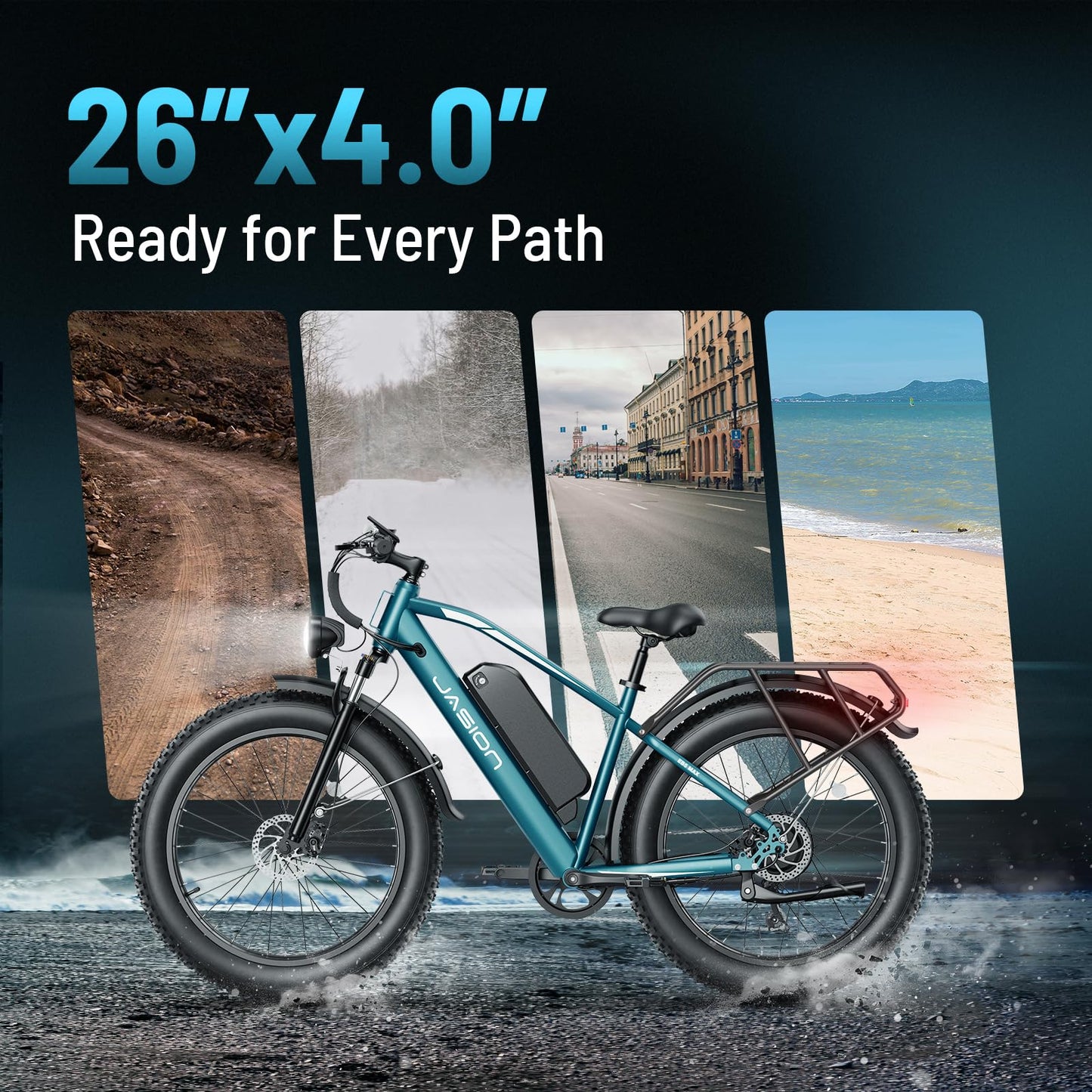 Jasion EB5 MAX Electric Bike for Adults with 2000W Peak Motor, 48V 15Ah (720Wh) Battery Electric Mountain Bike, 26'' x 4'' Fat Tire Ebike, 28+MPH Speed, Cruise Control, with Fenders, Rear Rack