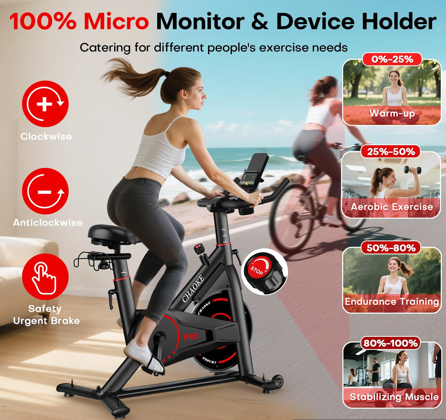 CHAOKE Exercise Bike, Quiet Adjustable Magnetic Stationary Bike for Home Cardio with App Compatible, 350LB Weight Capacity Indoor Cycling Bike with Large Seat, Dumbbell Rack, Pull Cords & LCD Display