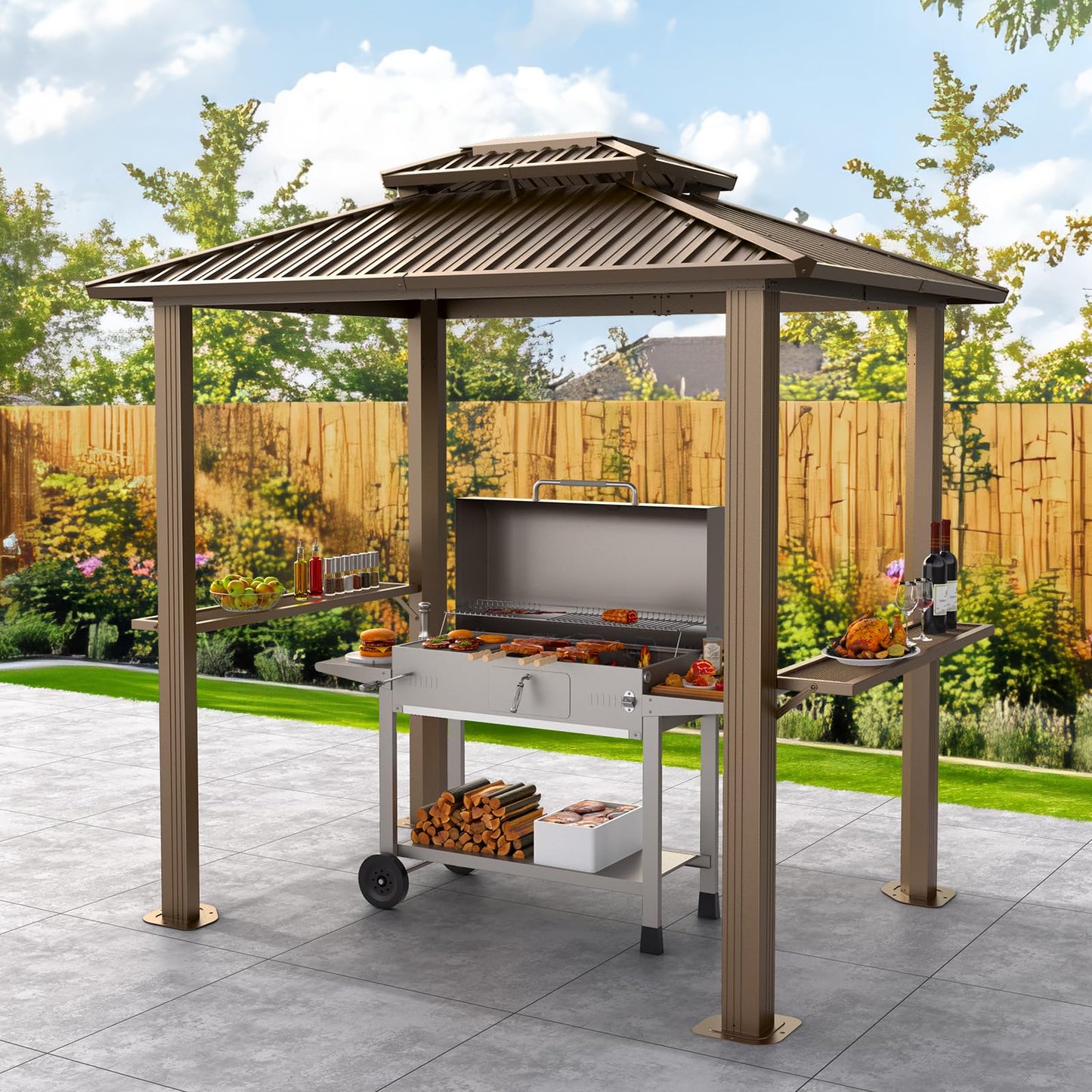 Hoteel 6x8 Hardtop Grill Gazebo, Outdoor Patio BBQ Gazebo with Galvanized Steel Double Roof, Hardtop Barbecue Canopy with 2 Side Shelves for Deck Lawn Backyard Garden,Brown