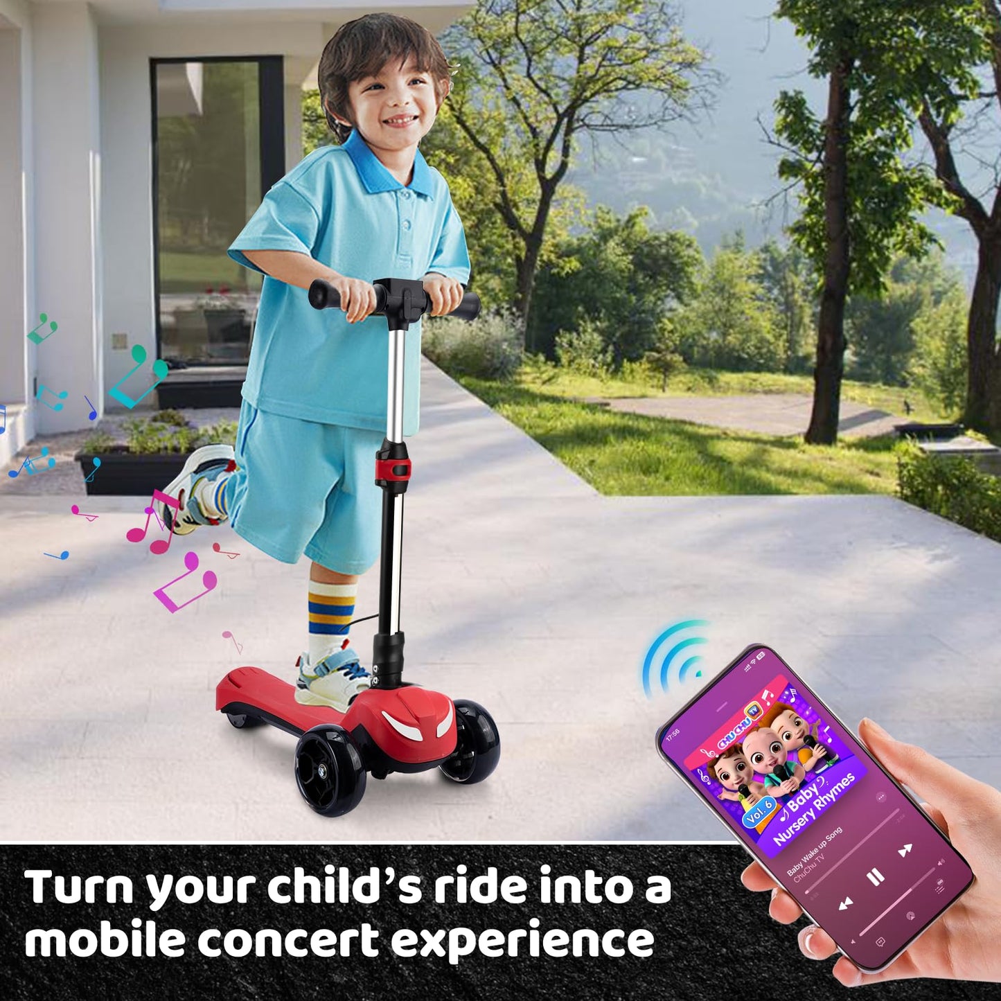 Kids Electric Scooter w/LCD Screen, Bluetooth Music, Light-Up Stem Deck & Wheels, Thumb Throttle, 3 Adjustable Heights, 150W Powerful Motor, Foldable 3 Wheel Electric Scooter for Kids Boys Girls, Red