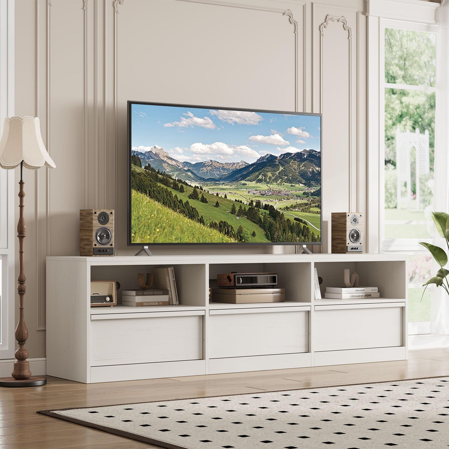 Modern TV Stand with Storage for TVs Up to 85", 70 inch Media Console with Drawer & Open Shelves, Mid Century Entertainment Center for Living Room, White