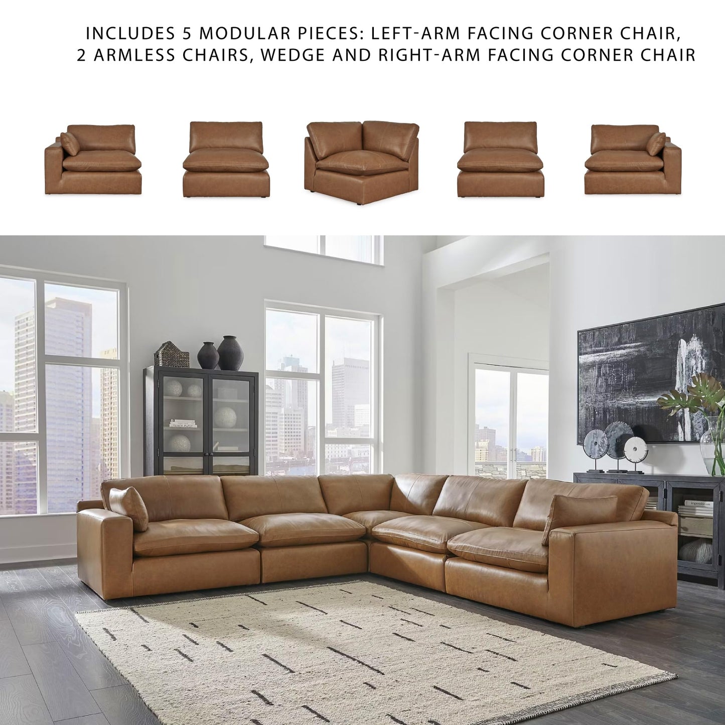 Signature Design by Ashley Emilia Modern Modular Leather Match 5-Piece Sectional with Loose Back Cushions and 2 Bolster Pillows, Light Brown