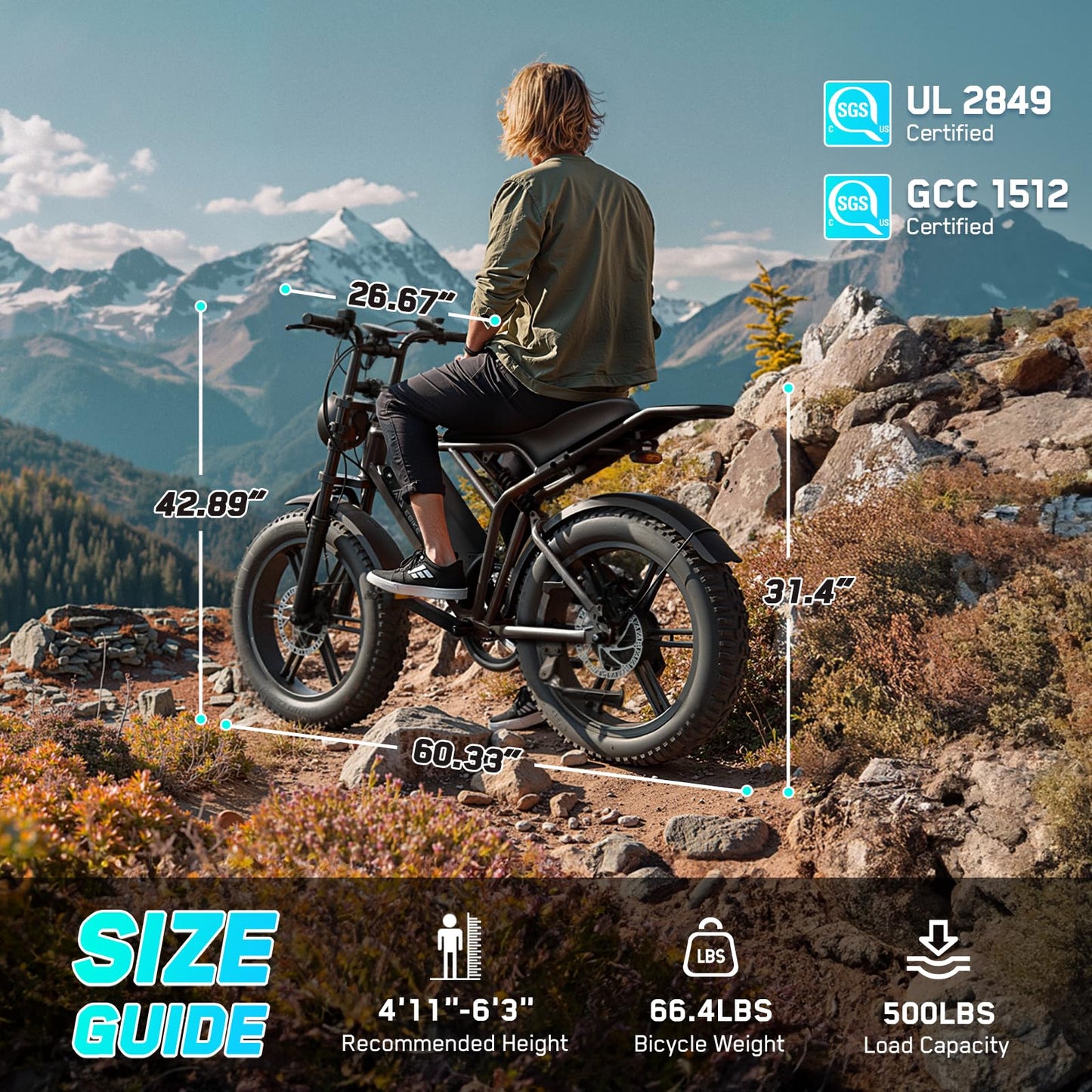 TST Electric Bike for Adults 1500W Peak 20" Fat Tire All- Terrain E-Bike 60 Miles Electric Dirt Bike - 48V 15 AH Battery Tested to Safety Tested to UL 2849 Powered Electric Bicycle
