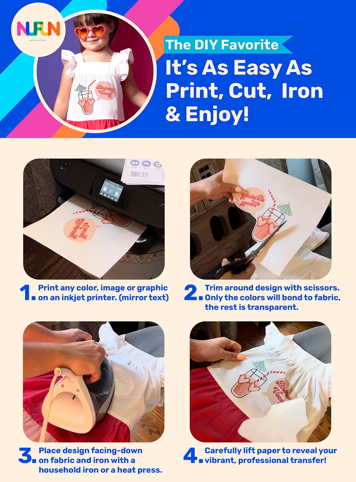 NuFun Activities Printable Iron-on Heat Transfer Paper for T Shirts, Light Fabrics, 500 Sheets 8.5 x 11 inch, Long Lasting, Durable, Professional Quality, Easy DIY, Non-Toxic, Made In the USA