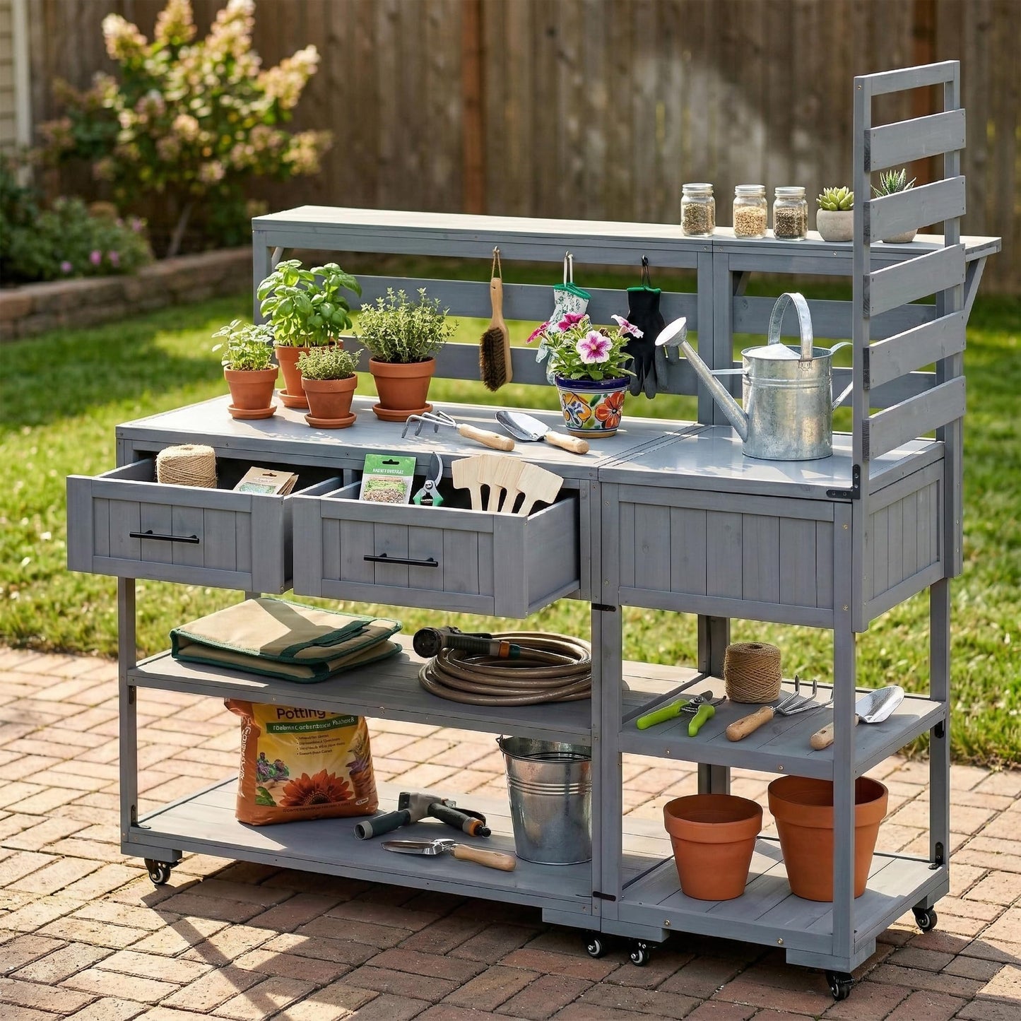GDFStudio Elshire Patio Kitchen Island Cart with Storage, Wooden Outdoor Storage Cabinet with Stainless Steel BBQ Prep Table Top, Drawers, Raised Shelf and Lockable Wheels, Garden Potting Bench, Gray