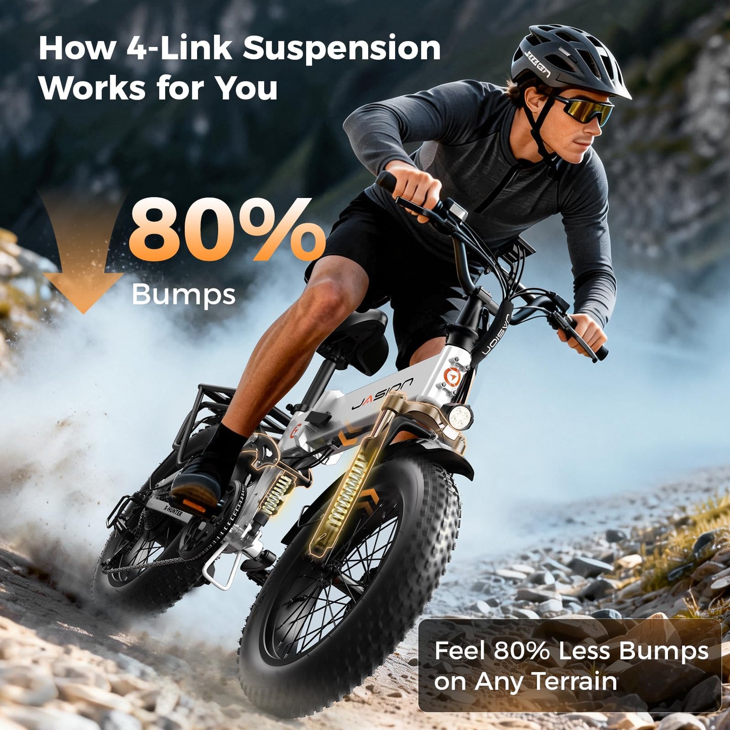 Jasion X-Hunter Foldable Electric Bike, 70+Miles 30MPH Max Speed, 1400W Peak Motor, 624WH Removable Battery, 20″*4 Fat Tire Bicycle for Adult, Full Suspension & 7-Speed EBike for Commute,Snow,Mountain