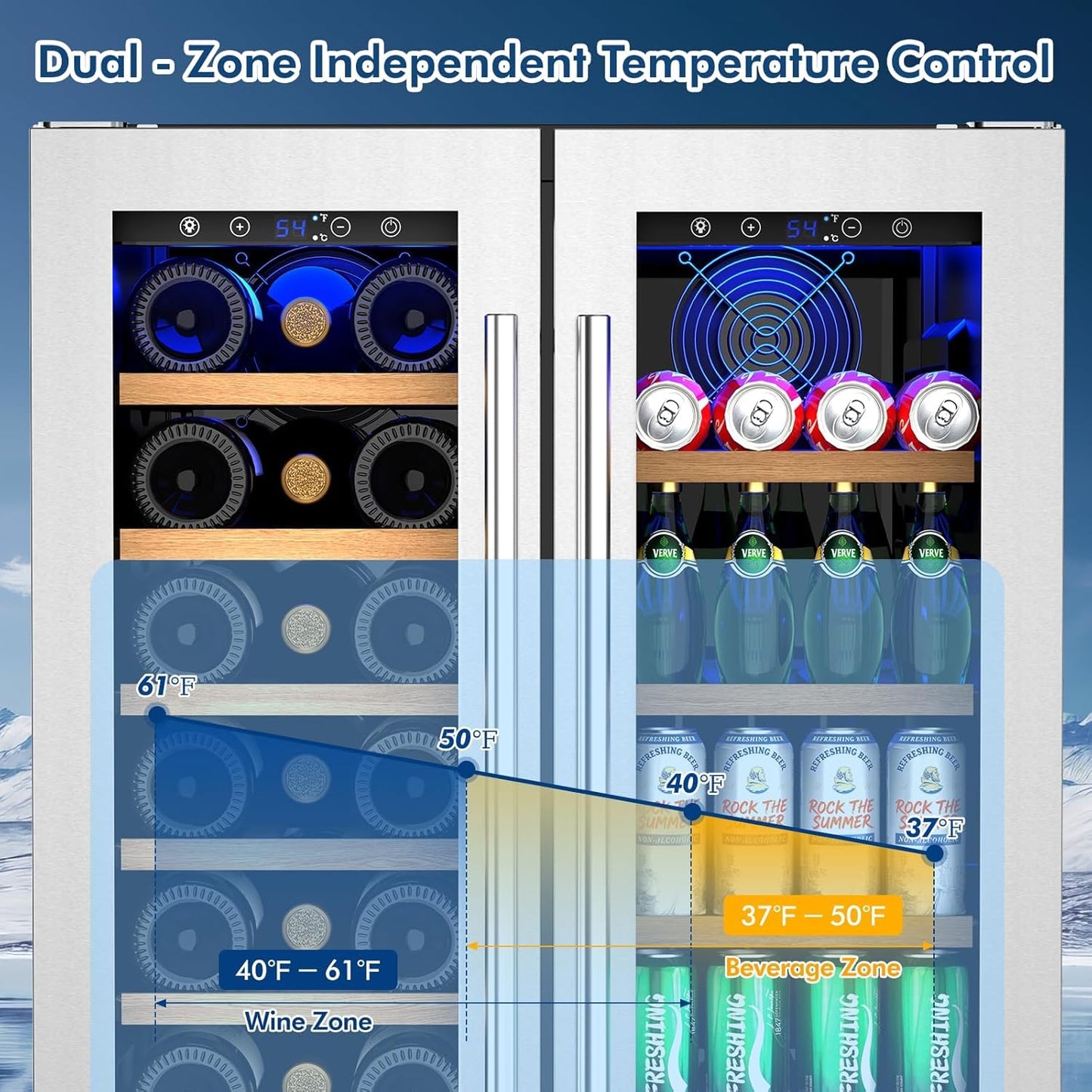 Antarctic Star 24 Inch Dual Zone Wine & Beverage Refrigerator, 4.4 Cu.Ft Built-in Under Counter Fridge with French Glass Doors, Holds 21 Bottles & 88 Cans, Touch Controls