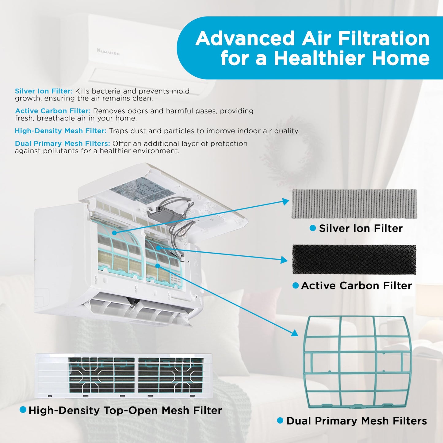 Klimaire 18,000 BTU 2-Zone 23 SEER2 Wall Mounted Mini Split Heat Pump System w/All Inclusive Installation Kits (9,000 BTU + 12,000 BTU) - R454B