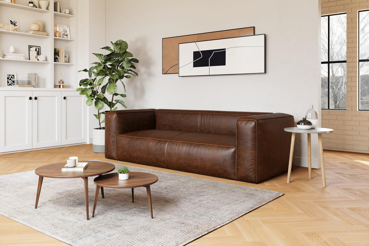 Valencia Graz Leather Wide Sofa 92" | Premium Full Semi-Aniline Leather | Modern Wide Couch with Unique Variations, Legless Design for Living Room, Chocolate