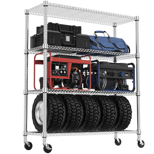 M MZG 1400LBS 47.2" W 4 Tiers Storage Shelves Metal Shelving Unit with Wheels Heavy Duty Garage Shelving Adjustable Wire Shelves for Pantry,Kitchen,Garage,Basement,Chrome 17.7" D x 47.2" W x 62.6" H