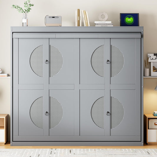 Ball & Cast Murphy Bed Full Size,Wall Beds with Charging Station and Storage Top,Slat Support,Wood Hideaway Cabinet Bedframe w/Leg,can be Folded,Space-Saving,for Small Room,Dorms,Gray