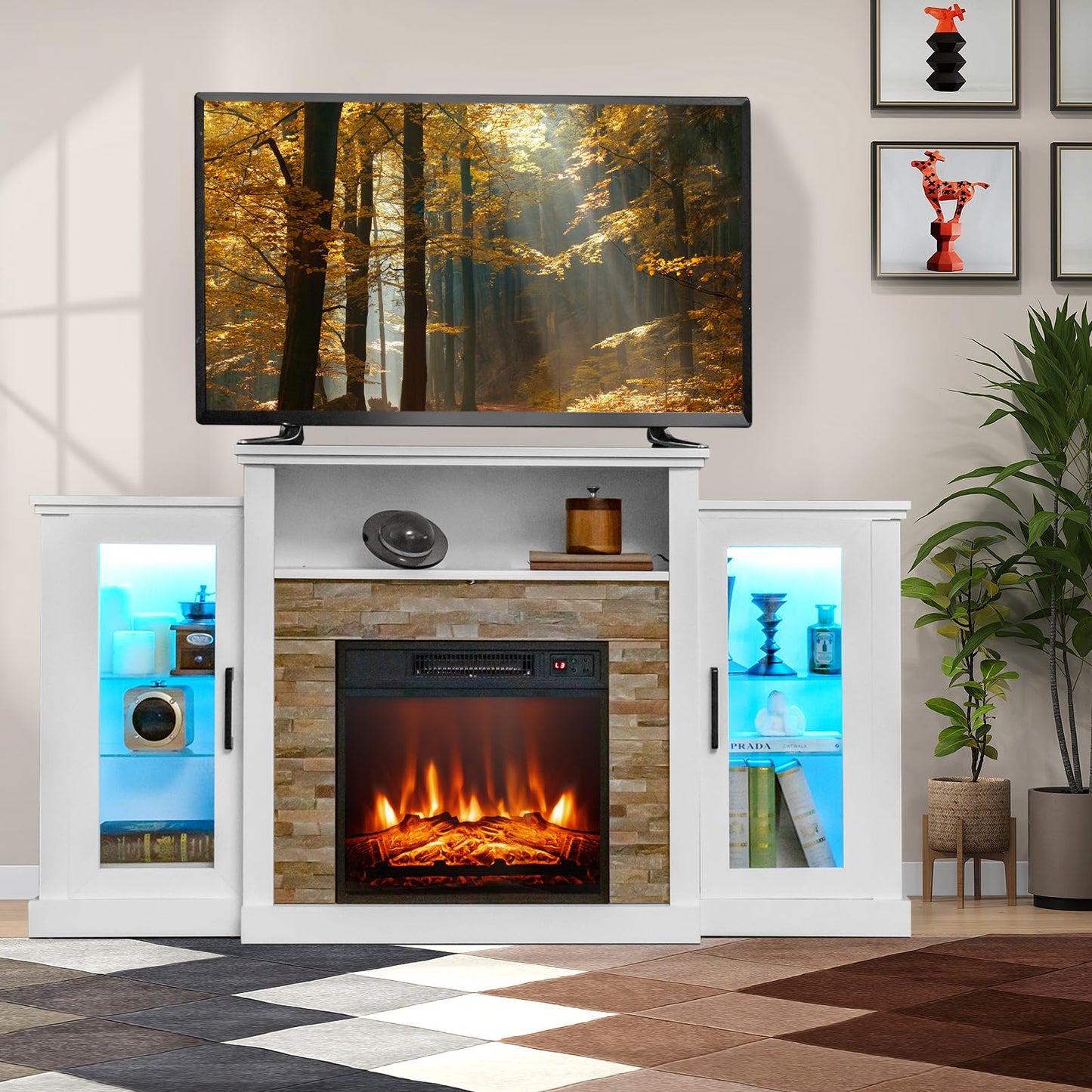 Byroce Electric Fireplace TV Stand for 65'', TV Console with 16-Color LED Light, Adjustable Glass Shelves, 19'' Fireplace Insert with Remote & APP Control, Entertainment Center (White)