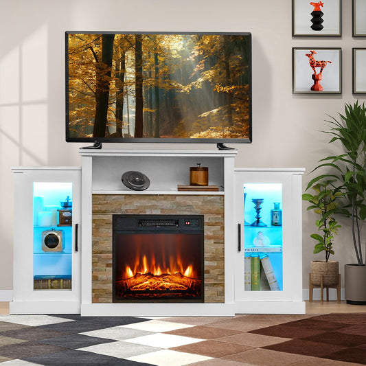 Byroce Electric Fireplace TV Stand for 65'', TV Console with 16-Color LED Light, Adjustable Glass Shelves, 19'' Fireplace Insert with Remote & APP Control, Entertainment Center (White)