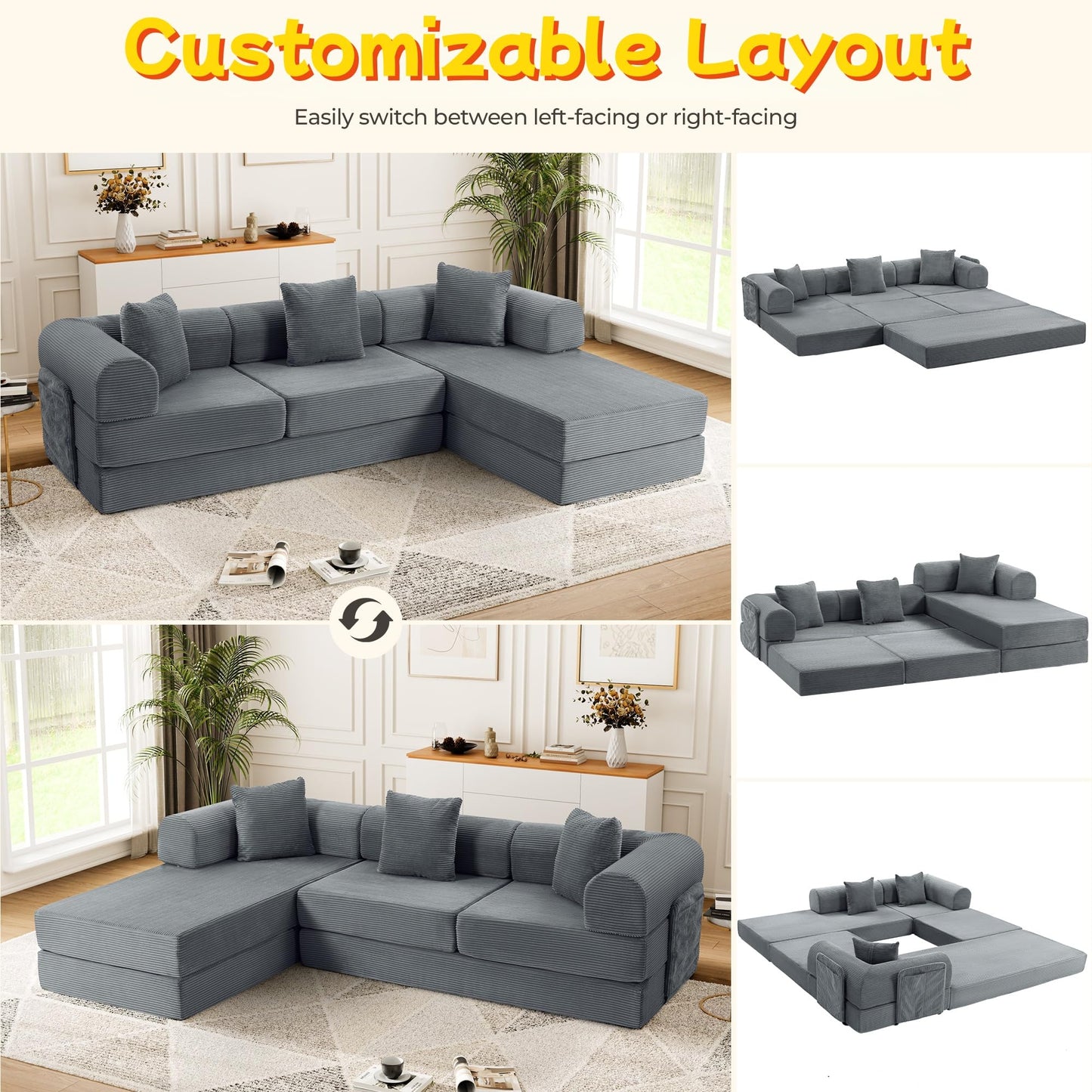 Topcomfy 106.3" Modular Sectional Sleeper Sofa with Metal Frame Support, Convertible 4-Seater L-Shaped Cloud Couch for Living Room, Corduroy Memory Foam Pit Sofa, Gray