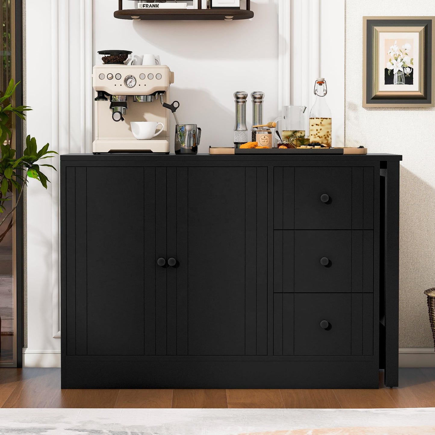 Merax Wood Farmhouse Buffet Sideboard with with Extendable Table, Multifunctional Coffee Bar Cabinet with 2 Doors and 3 Drawers for Living Room Bedroom Kitchen Black