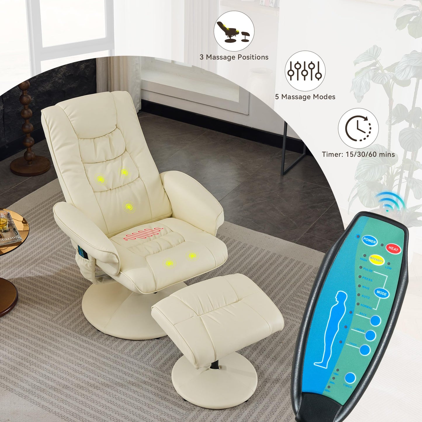 KEIKI Swivel Reclining Chair with Ottoman, High Backrest,5-Point Vibration Massage & Heated Seat,PU Leather Upholstered Armchair Lounge Sliding Chairs Set for Living Room Bedroom Office,Beige
