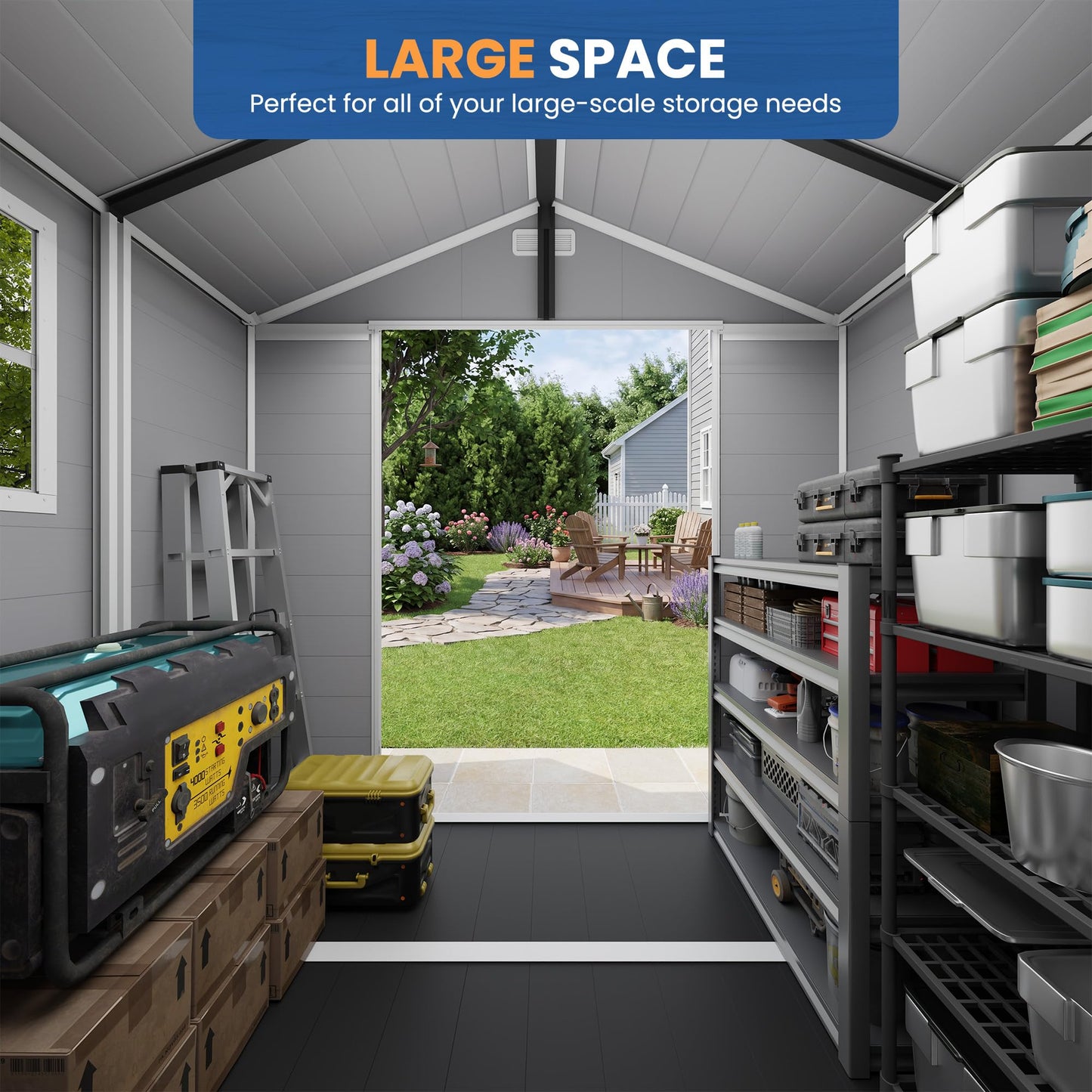 Amopatio 8x6 FT Storage Shed, Resin Outdoor Shed with Floor Included, Plastic Sheds for Bike, Garden Tools, Sheds & Outdoor Storage with Lockable Door, Window & Vents, Grey & White