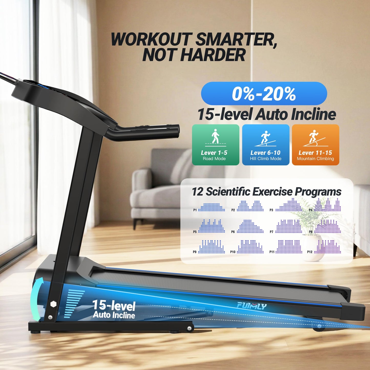 FUNMILY Treadmills for Home, 4.5HP Heavy Duty Treadmill with 0–20% Auto Incline, Quiet Portable Folding Treadmill 400 lb Capacity, 12 Programs& Heart Rate & Body-Fat Measurement
