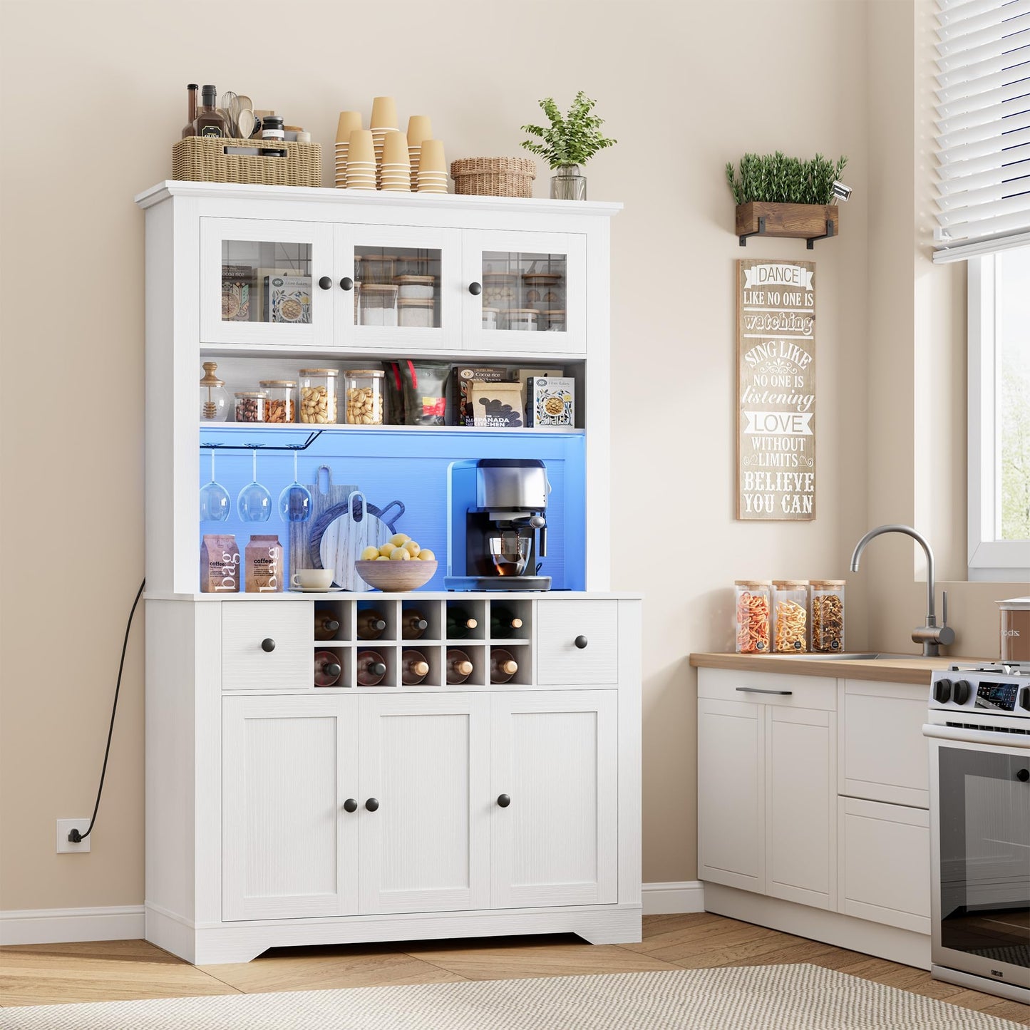 Garvee 69" Tall Pantry Cabinet with LED Lights & Charging Station, Large Kitchen Pantry Storage Cabinet, Kitchen Hutch Coffee Bar Cabinet with Wine Rack for Dining Room, Living Room
