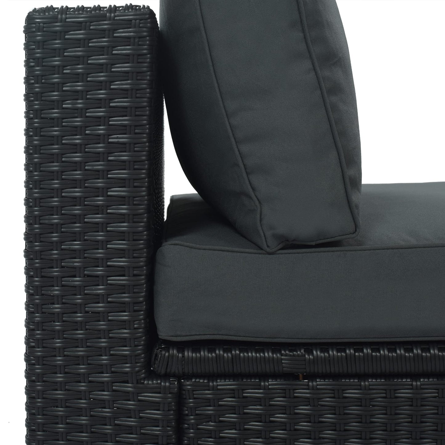 Merax 7-Piece Outdoor Wicker Sectional Sofa Set,Modular Rattan Conversation Set with Gray Cushions,Striped Green Pillows & Tempered Glass Coffee Table for Patio,Garden,Deck,Black