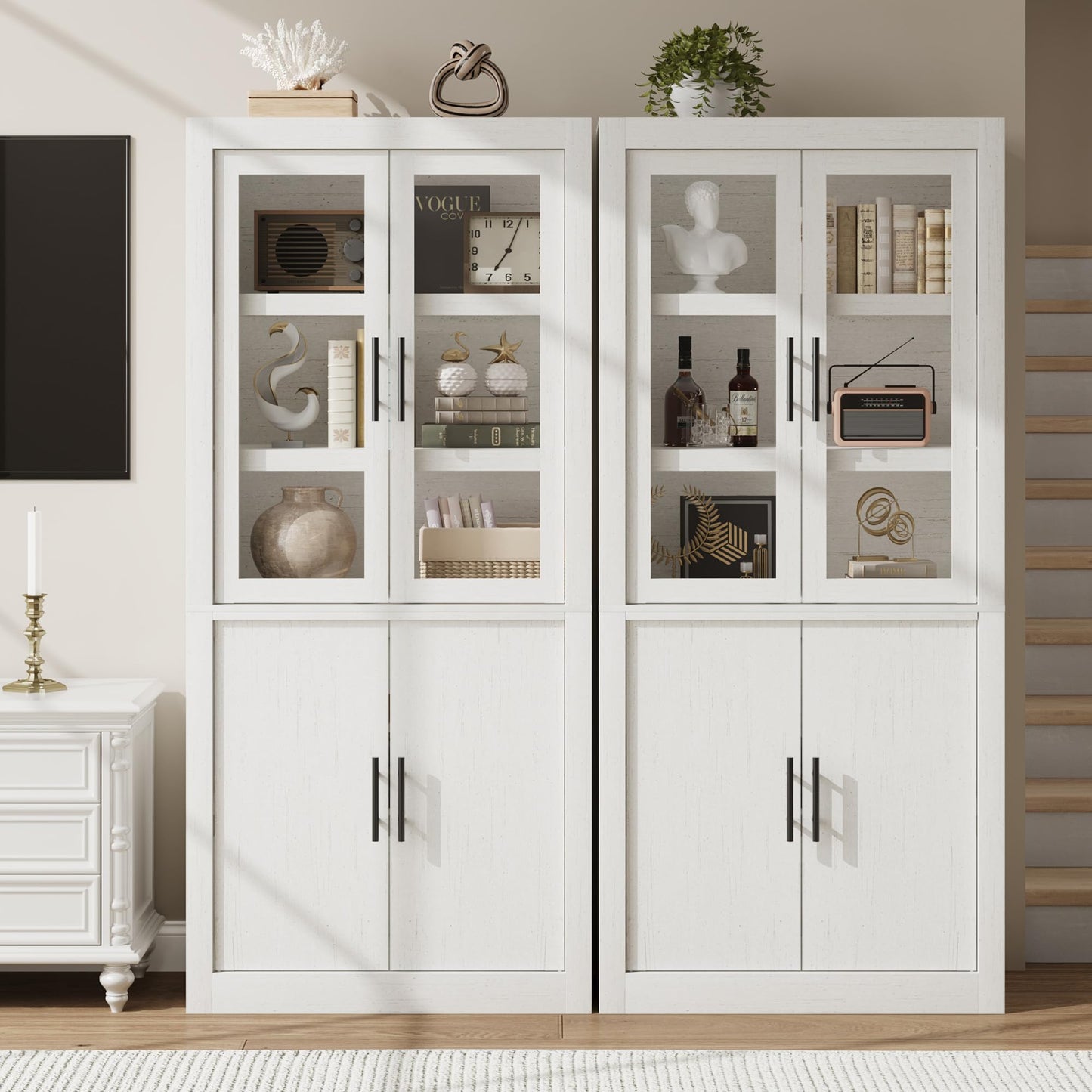 Garvee Tall Kitchen Pantry Cabinet, Farmhouse Wood Storage Cabinet with 4 Doors and Adjustable Shelves, Sturdy Frame, 70.45" Large Office Bookcase Cabinets for Kitchen, Dining, Office, Rustic White