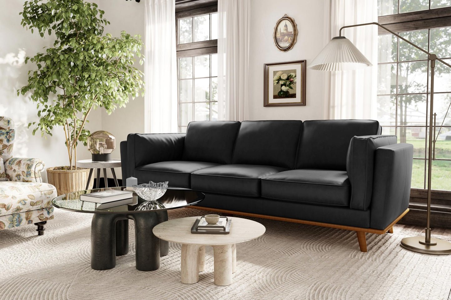 Valencia Artisan Full Leather Sofa 88” | Pure Full Italian Nappa Leather Couch, Solid Wood Accent, Ultimate Comfort, Black