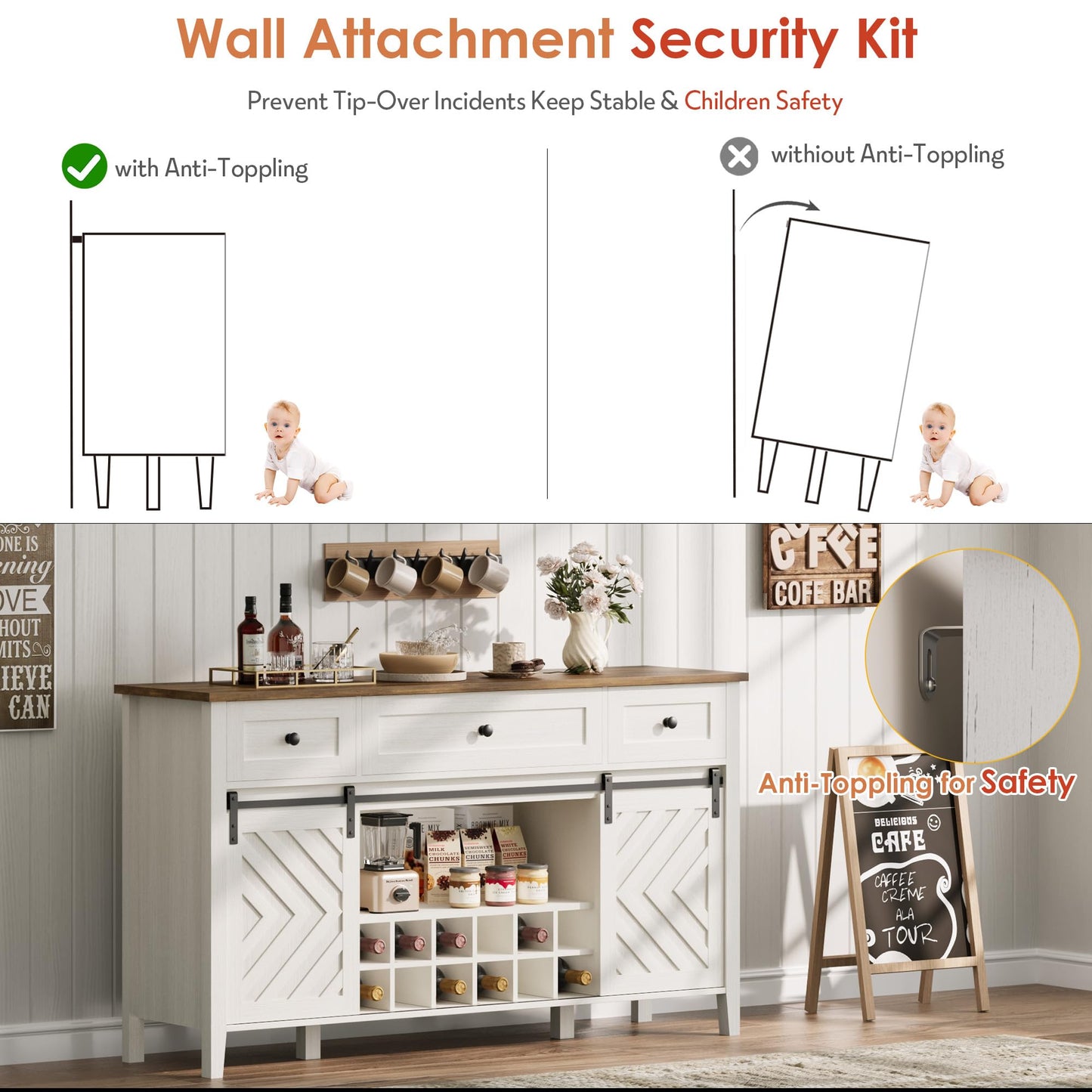 Garvee Farmhouse 59' Bar Cabinet with Adjustable Shelf and Sliding Barn Door, Buffet Cabinet with Removable Rack and 3 Drawer for Dining Room, Kitchen, Living Room